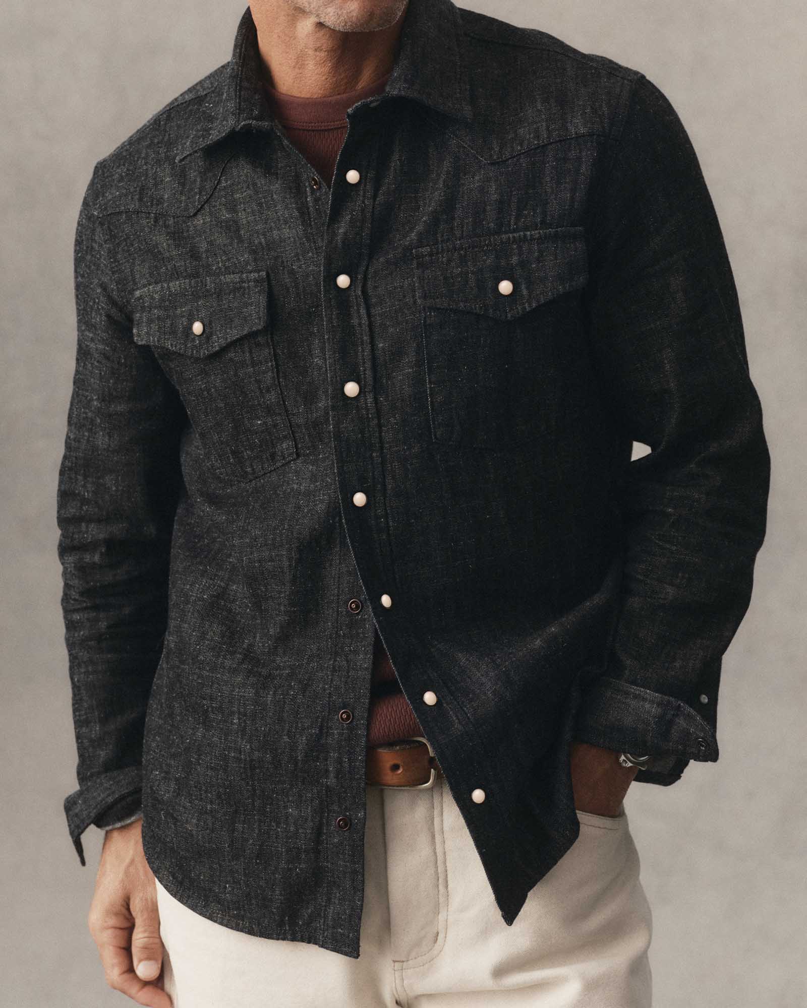 fit model showing off The Glacier Shirt in Black Indigo Hemp Denim, Wovens by Taylor Stitch