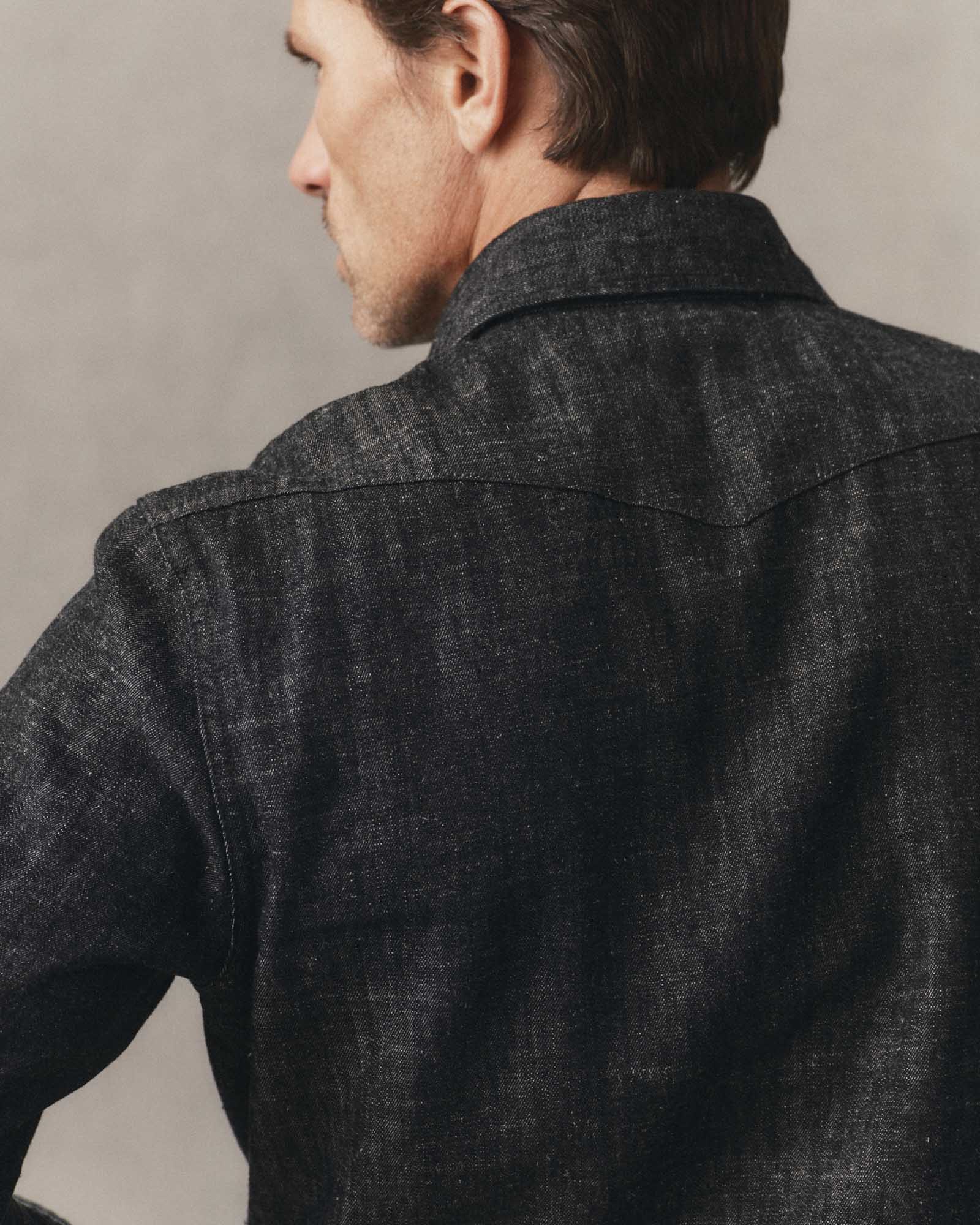 fit model showing off the back of The Glacier Shirt in Black Indigo Hemp Denim, Wovens by Taylor Stitch