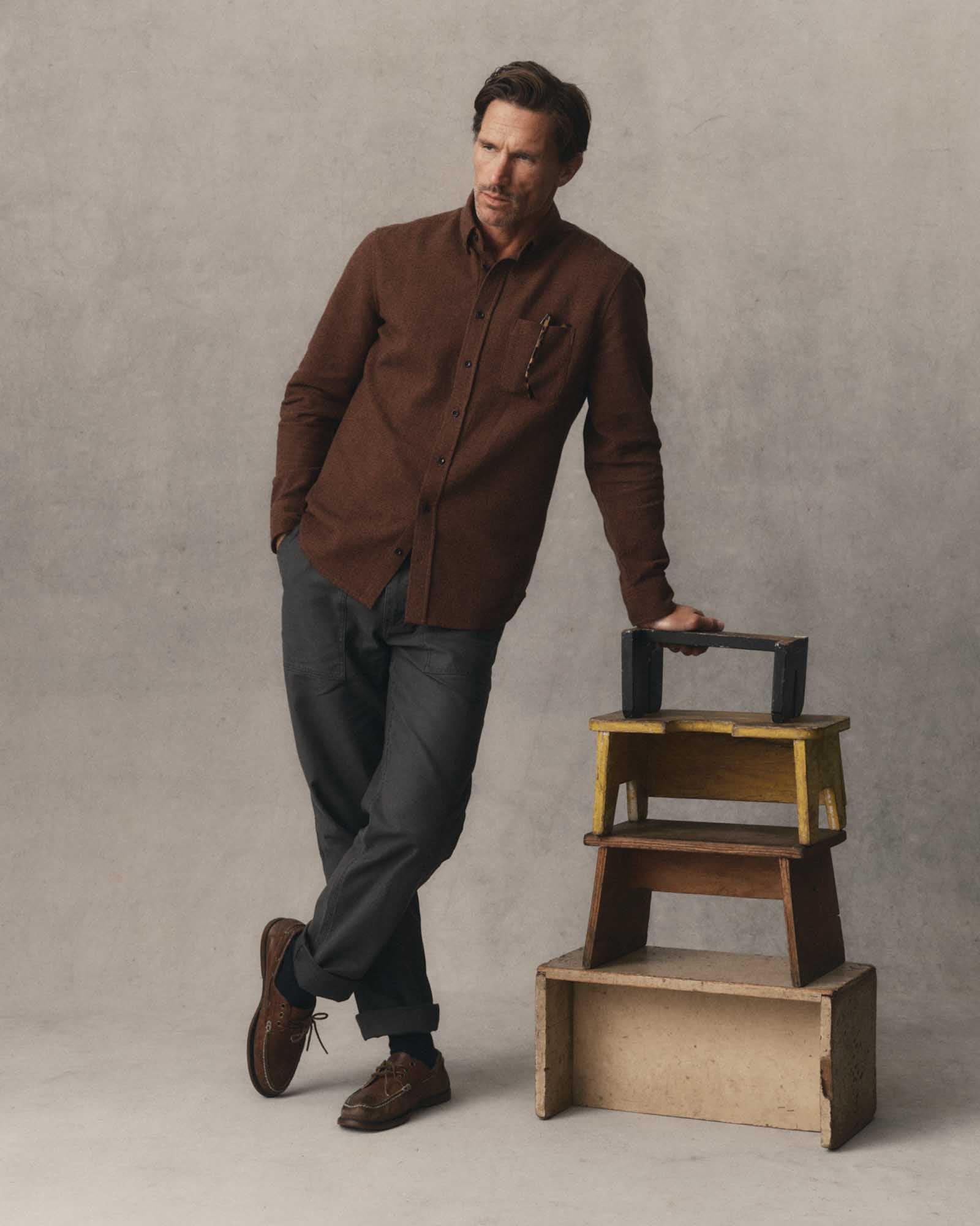 fit model leaning against stools wearing The Jack in Timber Twist Waffle, Wovens by Taylor Stitch