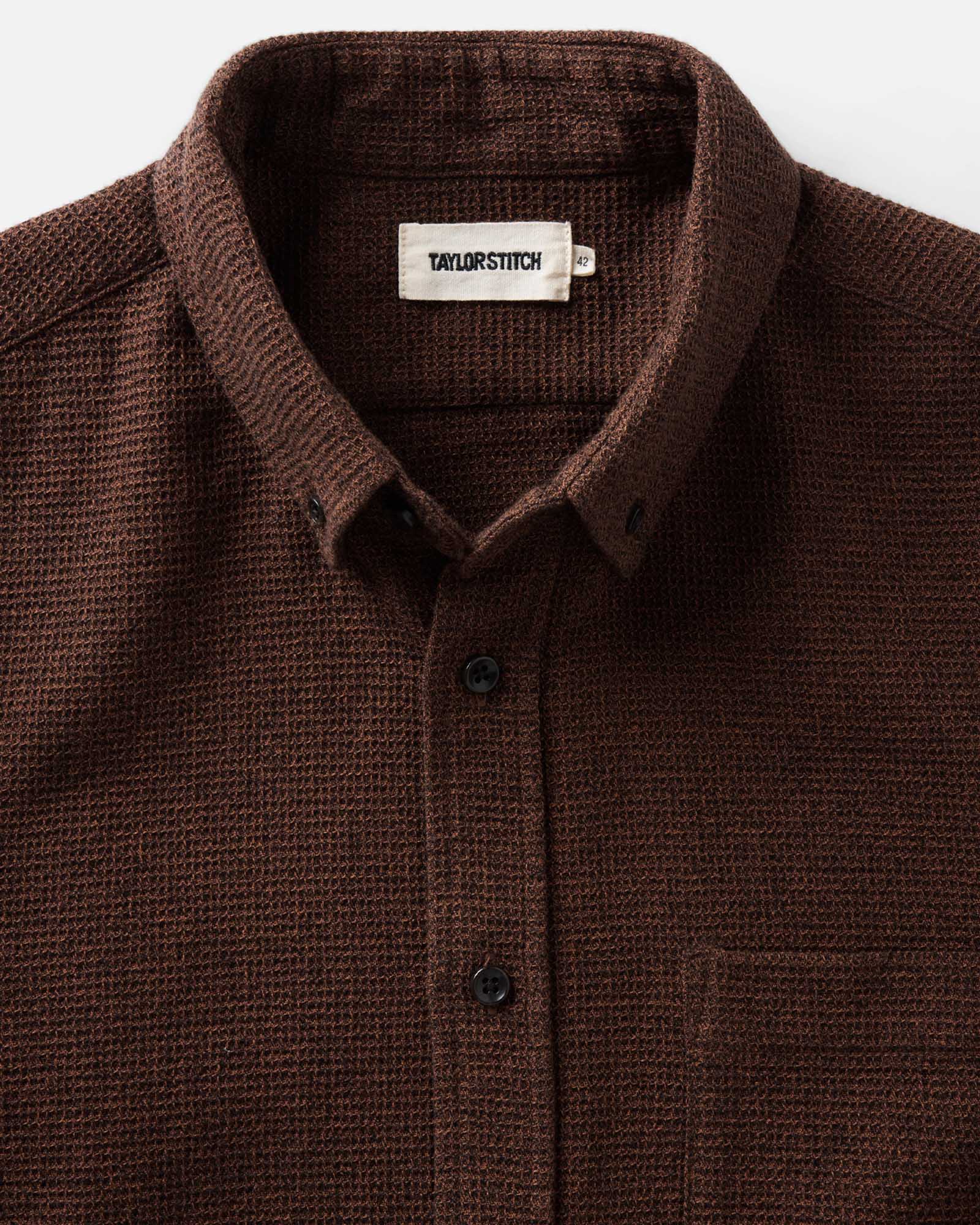material shot of the collar on The Jack in Timber Twist Waffle, Wovens by Taylor Stitch