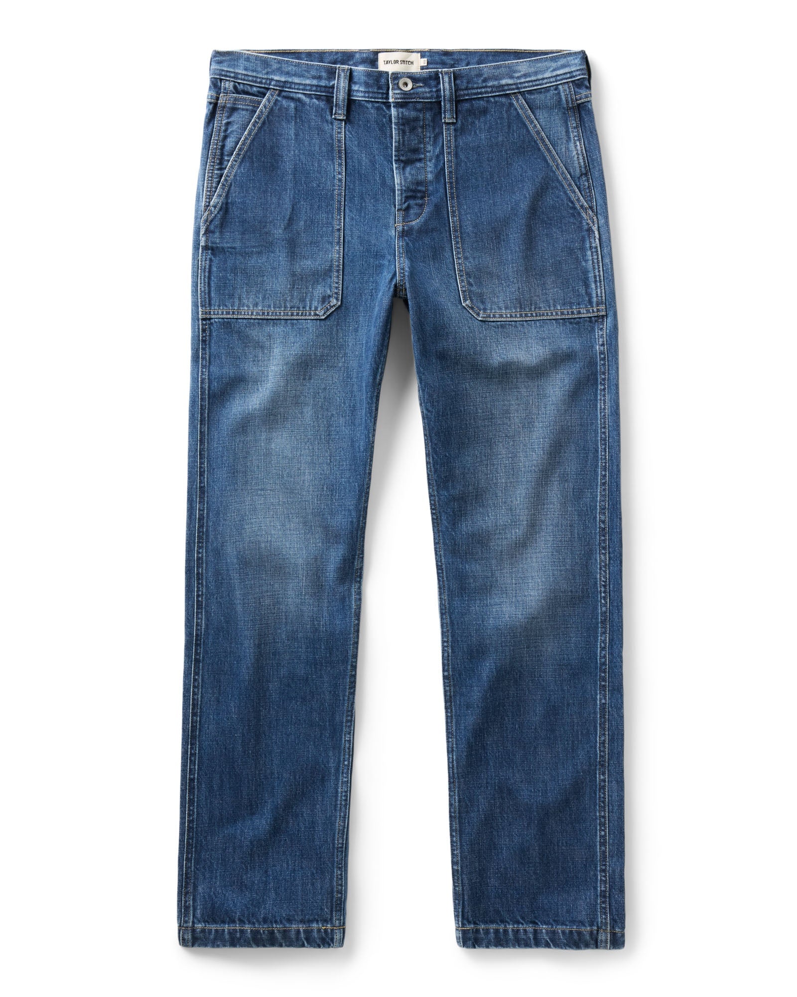 flatlay of The Mariner Jean in Drift Wash Organic Selvedge, Bottoms by Taylor Stitch