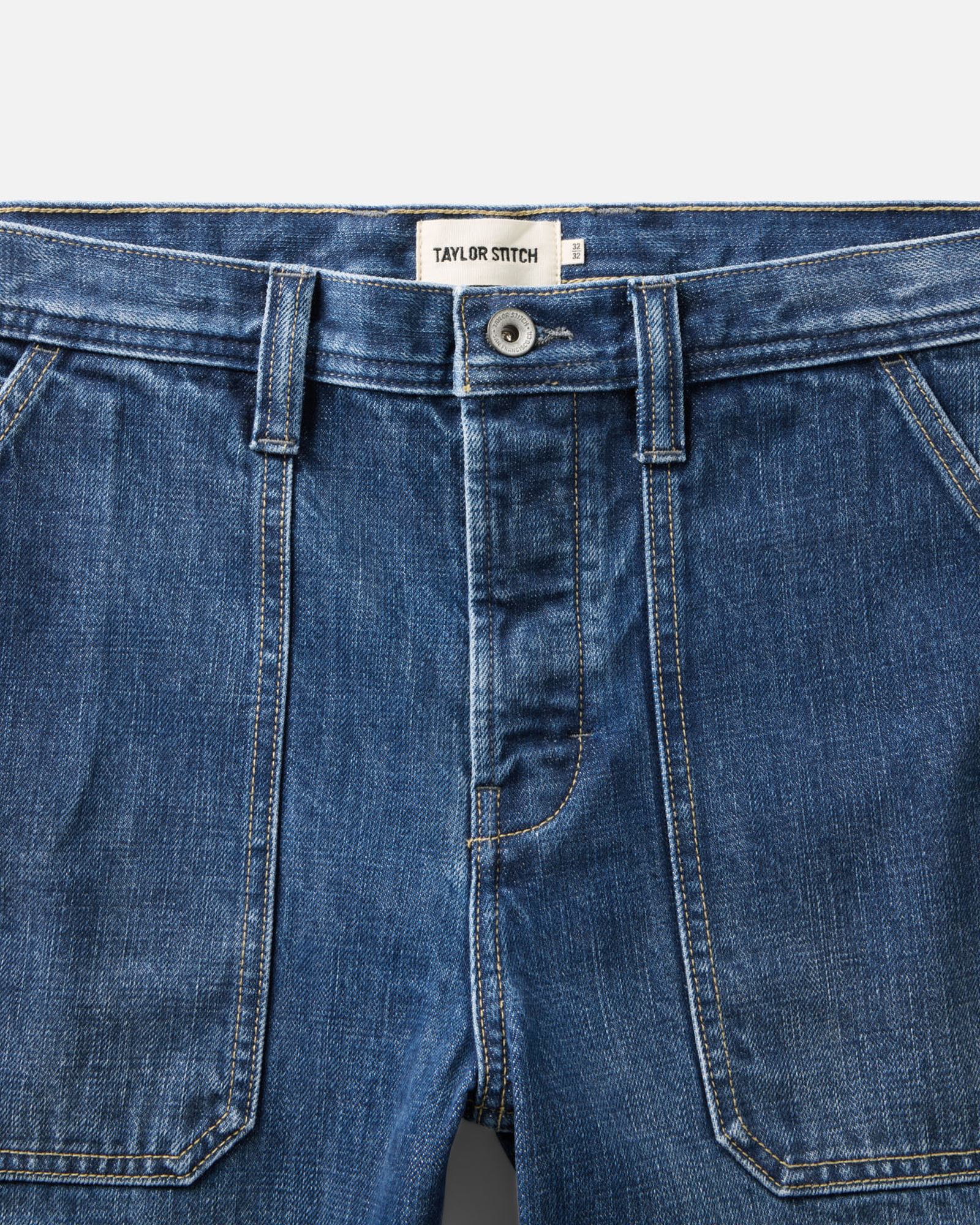 material shot of the waistband on The Mariner Jean in Drift Wash Organic Selvedge, Bottoms by Taylor Stitch