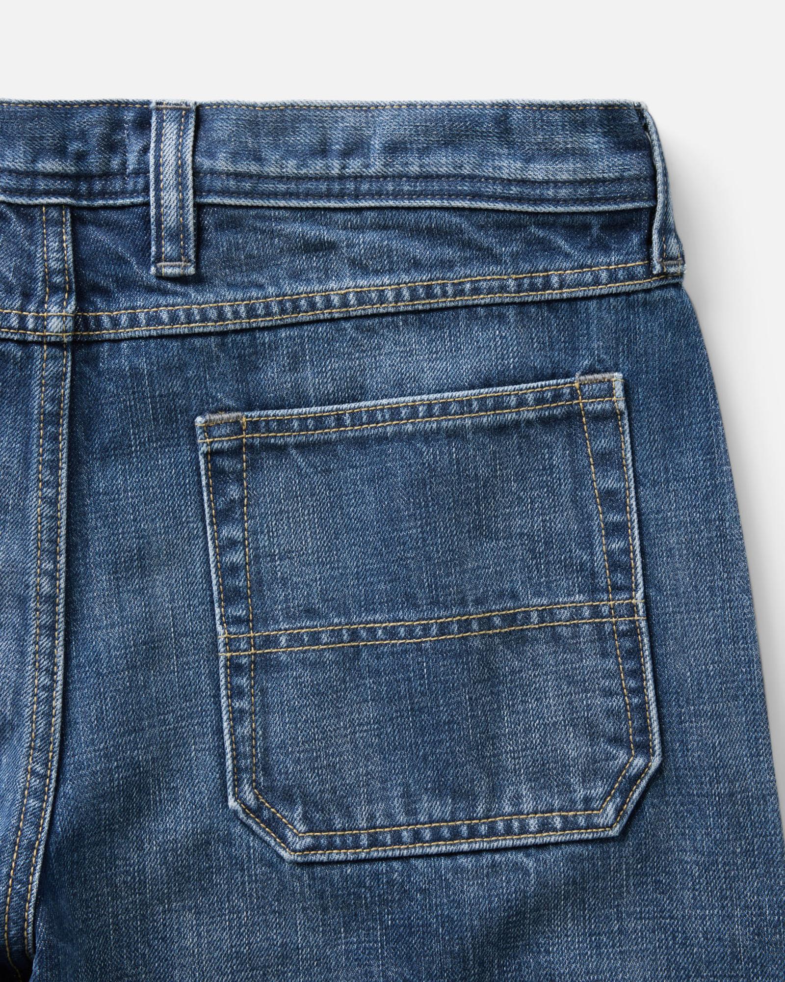 material shot of the back pocket on The Mariner Jean in Drift Wash Organic Selvedge, Bottoms by Taylor Stitch
