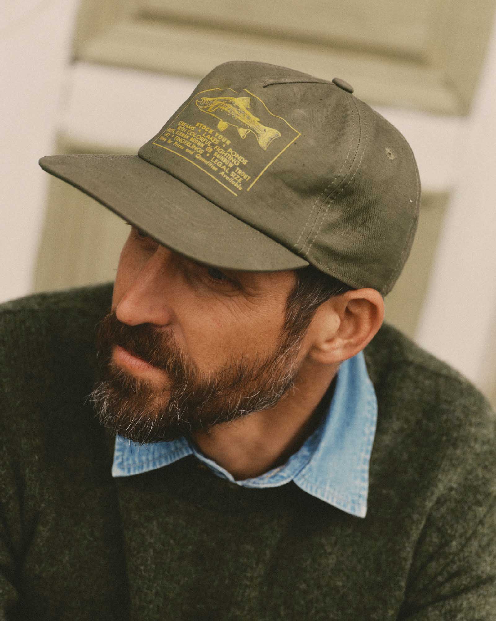 fit model showing off The Mercer Cap in Fish Supply, Accessories by Taylor Stitch