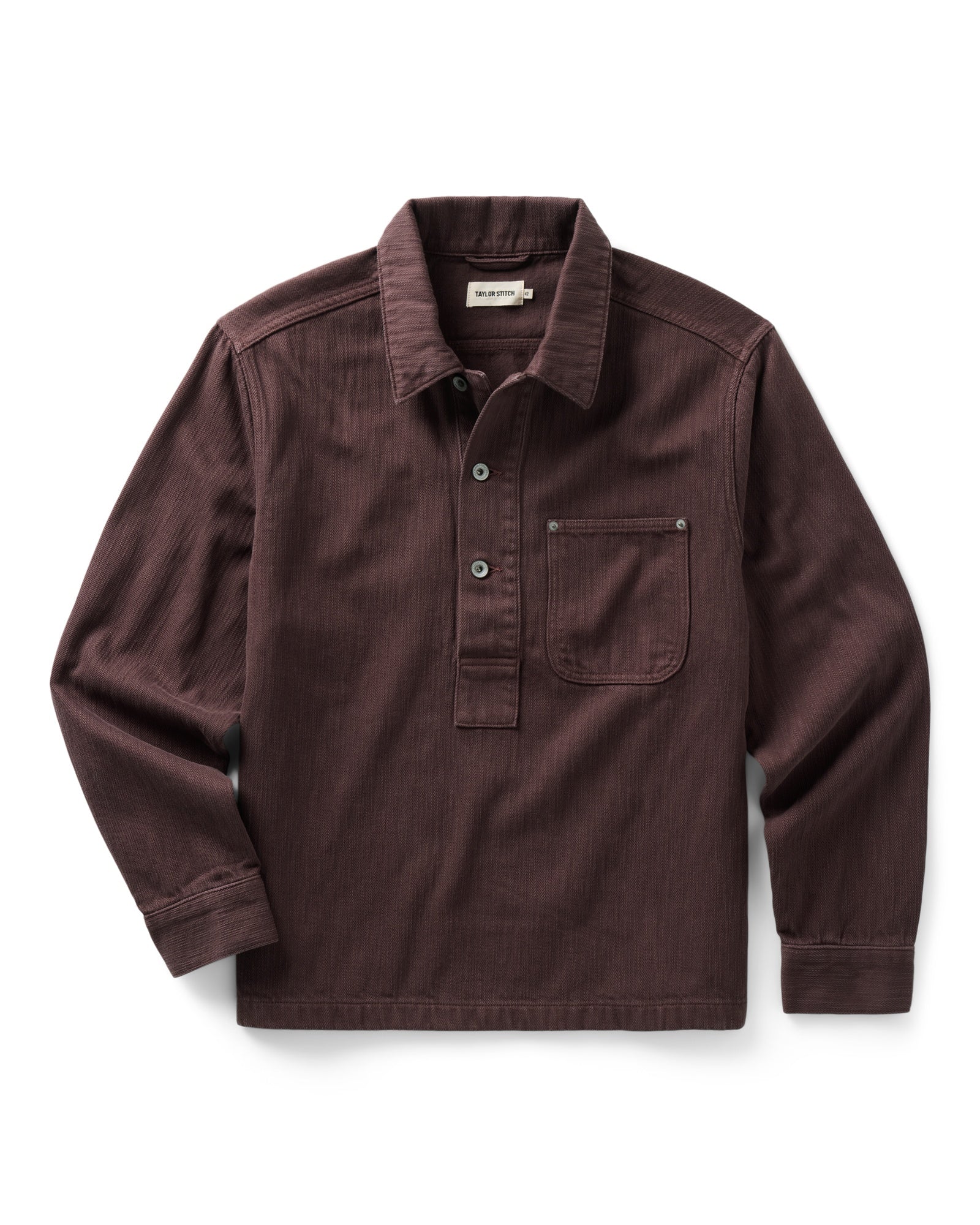 flatlay of The Milton Overshirt in Burgundy Slub Denim, Outerwear by Taylor Stitch