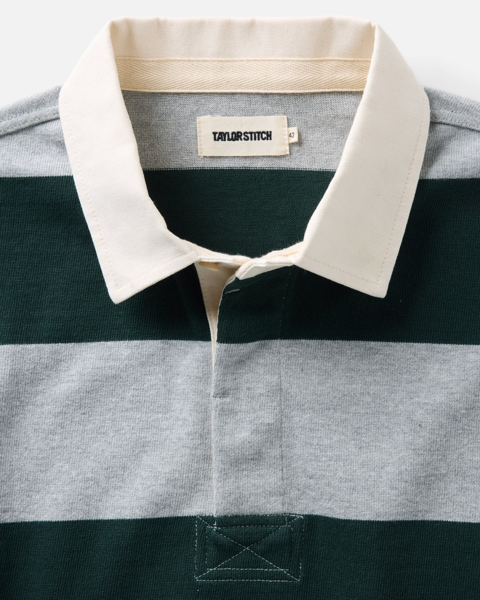 material shot of the collar on The Rugby Shirt in Dark Forest Stripe, Knits by Taylor Stitch