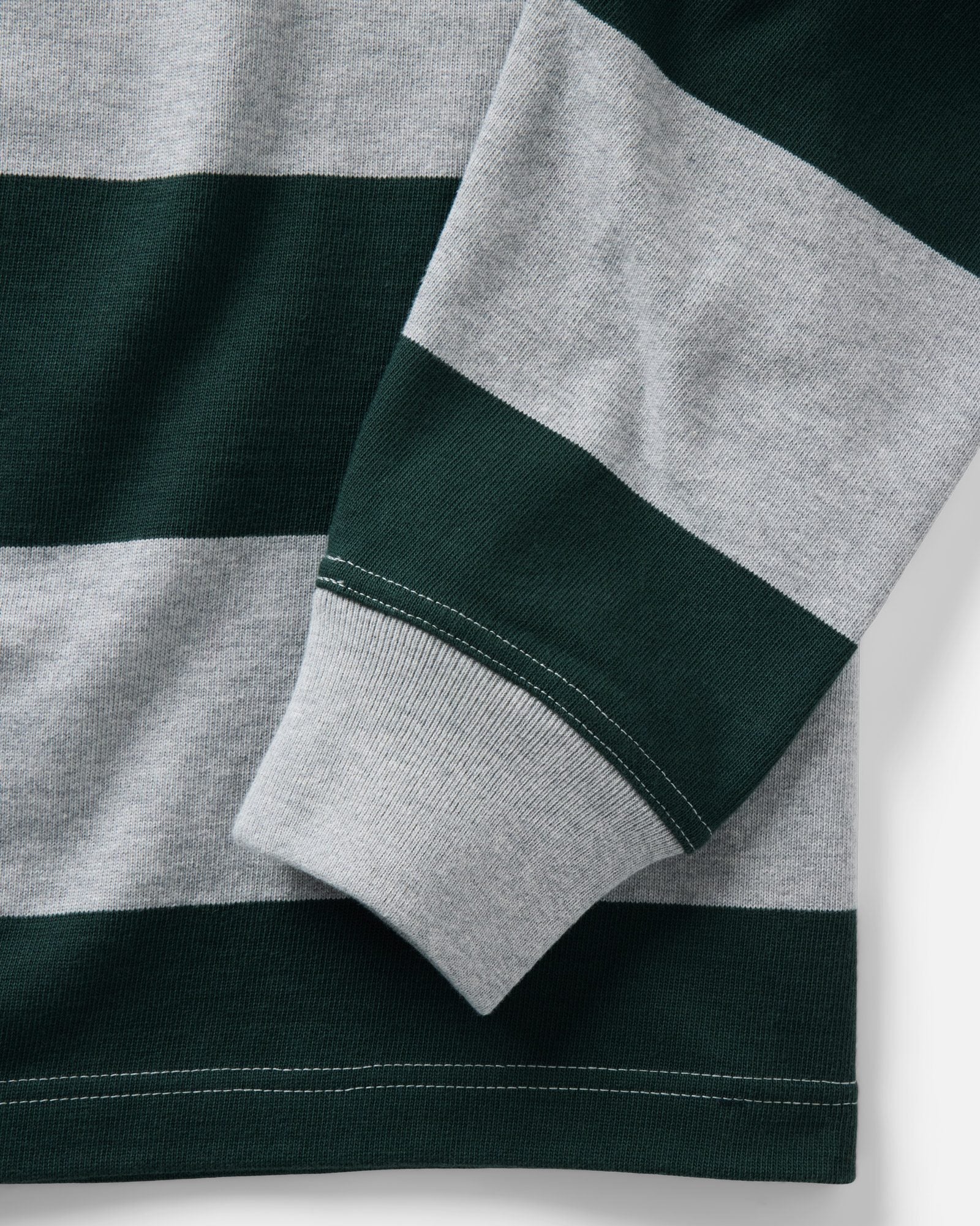 material shot of the sleeve on The Rugby Shirt in Dark Forest Stripe, Knits by Taylor Stitch