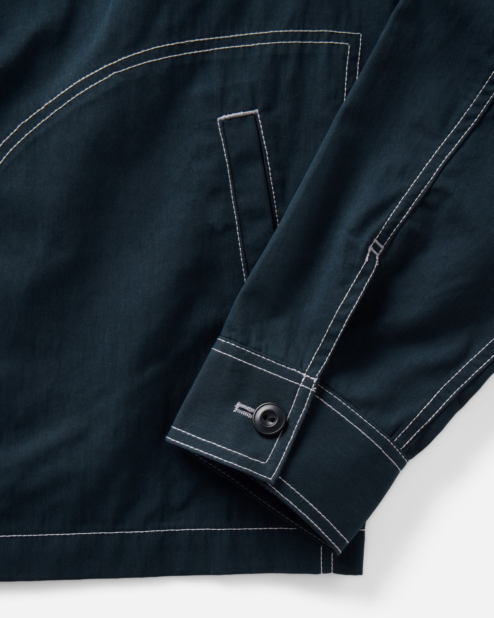 material shot of the sleeve on The Shore Jacket in Navy Twill, Wovens by Taylor Stitch