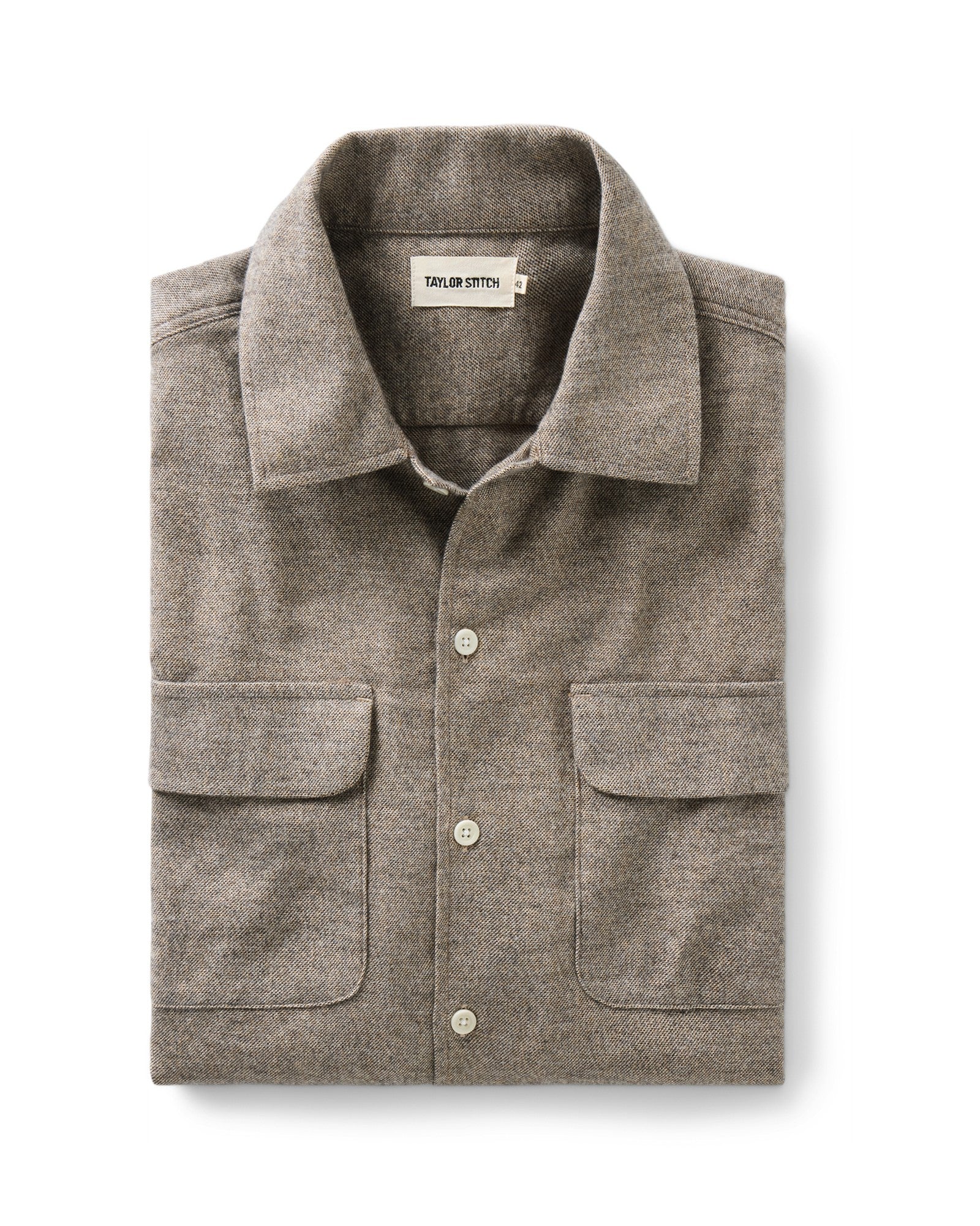folded flatlay of The Shore Shirt in Driftwood Portuguese Mouline Flannel, Wovens by Taylor Stitch