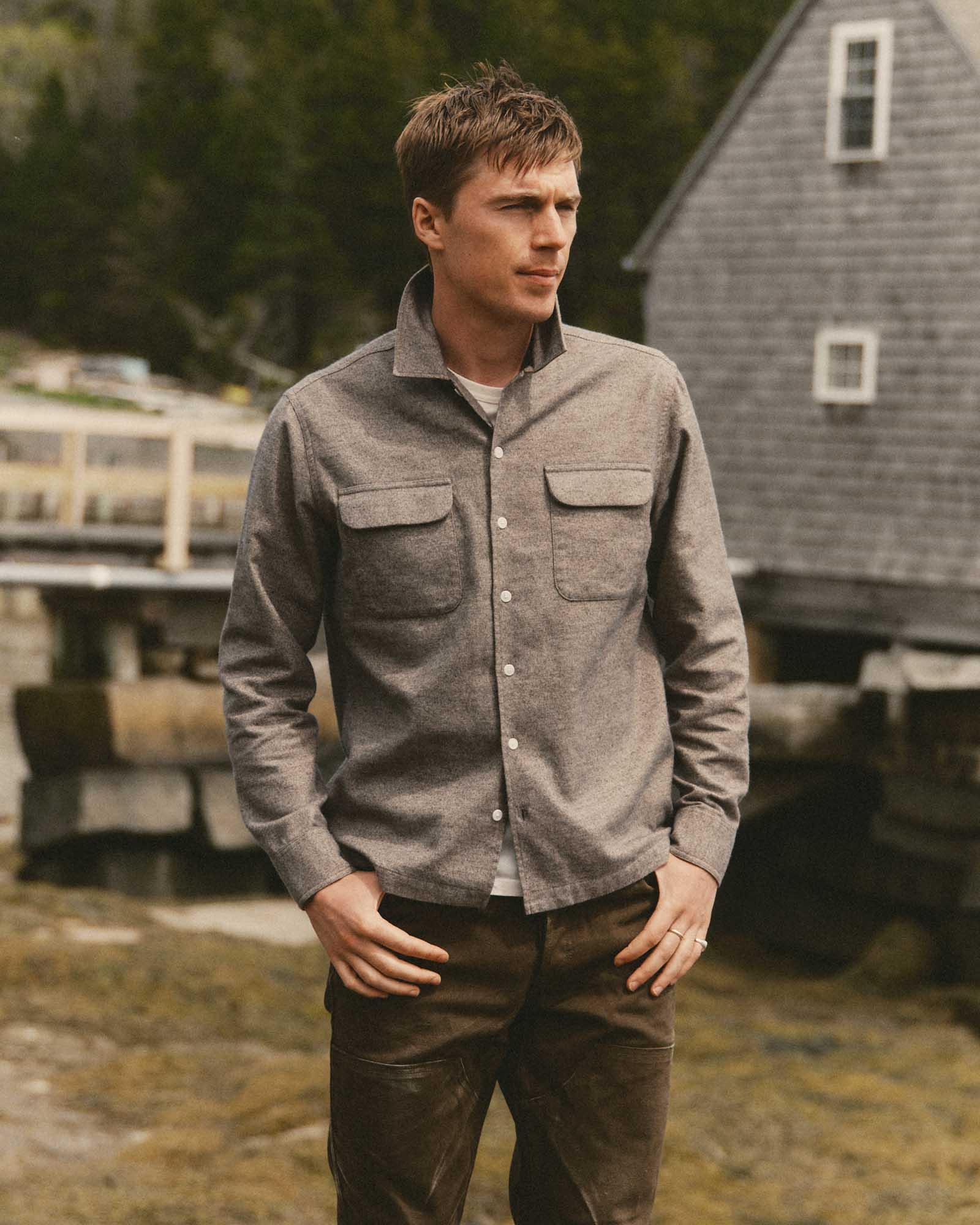 fit model showing off The Shore Shirt in Driftwood Portuguese Mouline Flannel, Wovens by Taylor Stitch