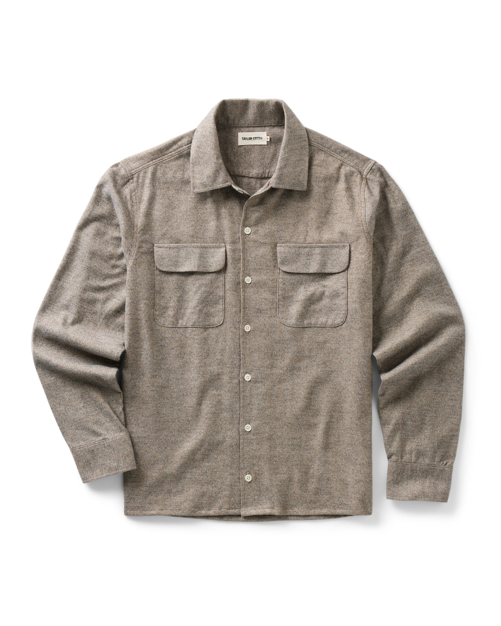 flatlay of The Shore Shirt in Driftwood Portuguese Mouline Flannel, Wovens by Taylor Stitch