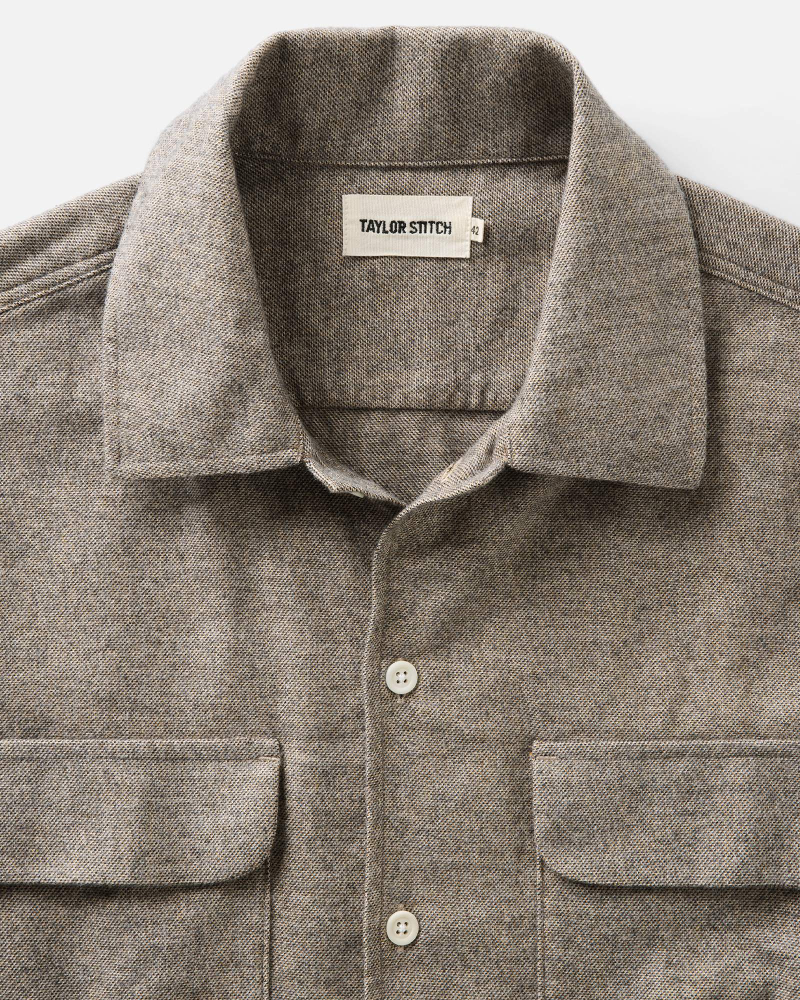 material shot of the collar on The Shore Shirt in Driftwood Portuguese Mouline Flannel, Wovens by Taylor Stitch