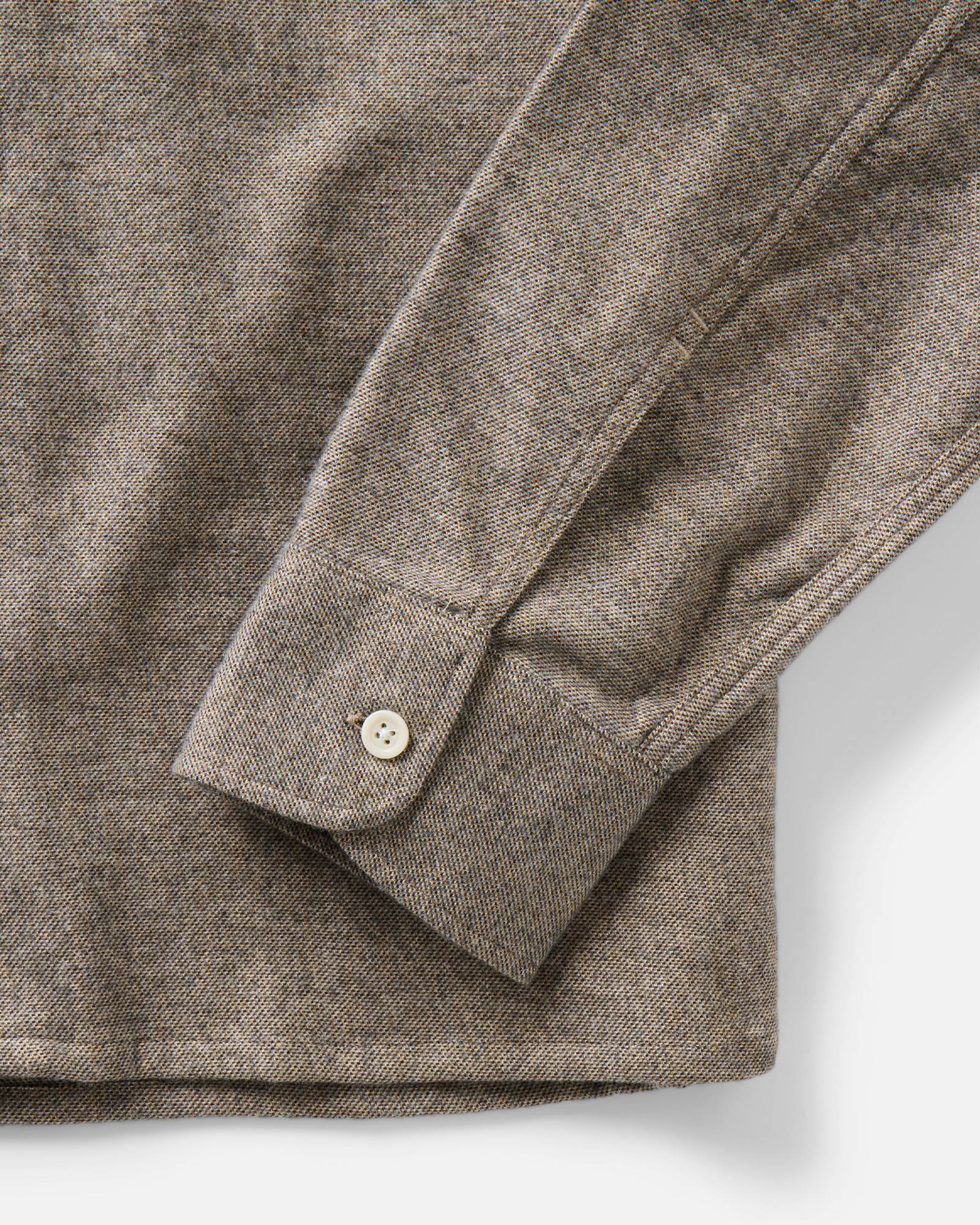 material shot of the sleeve on The Shore Shirt in Driftwood Portuguese Mouline Flannel, Wovens by Taylor Stitch