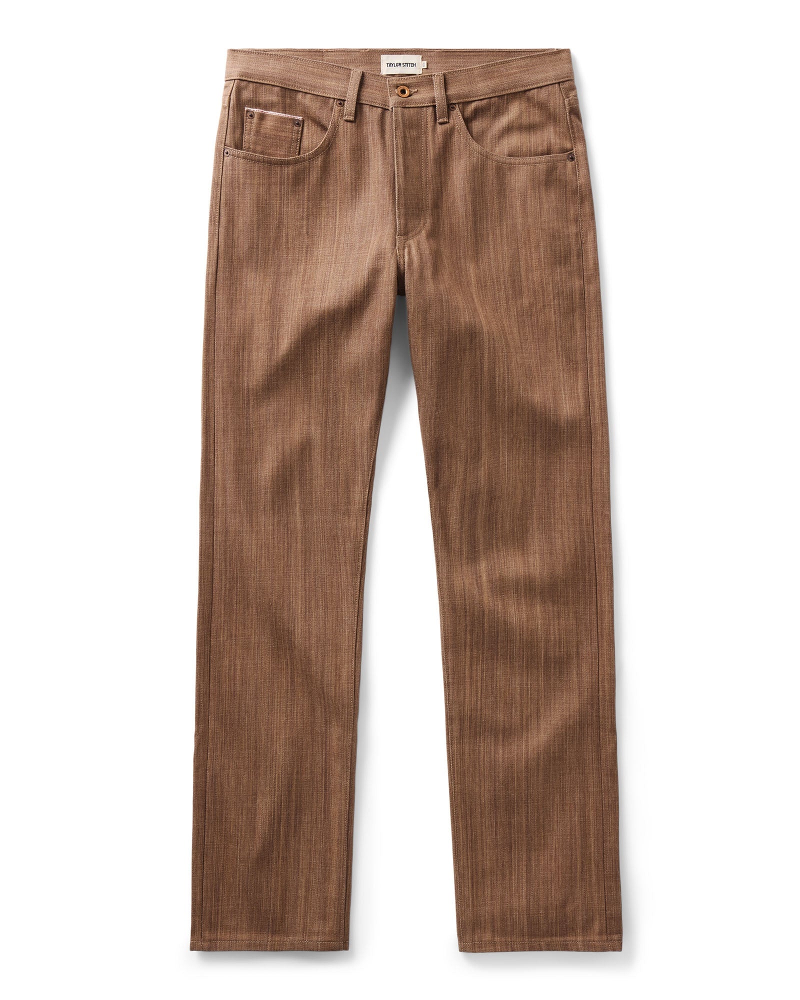 flatlay of The Straight Jean in Kakishibu Selvedge, Bottoms by Taylor Stitch
