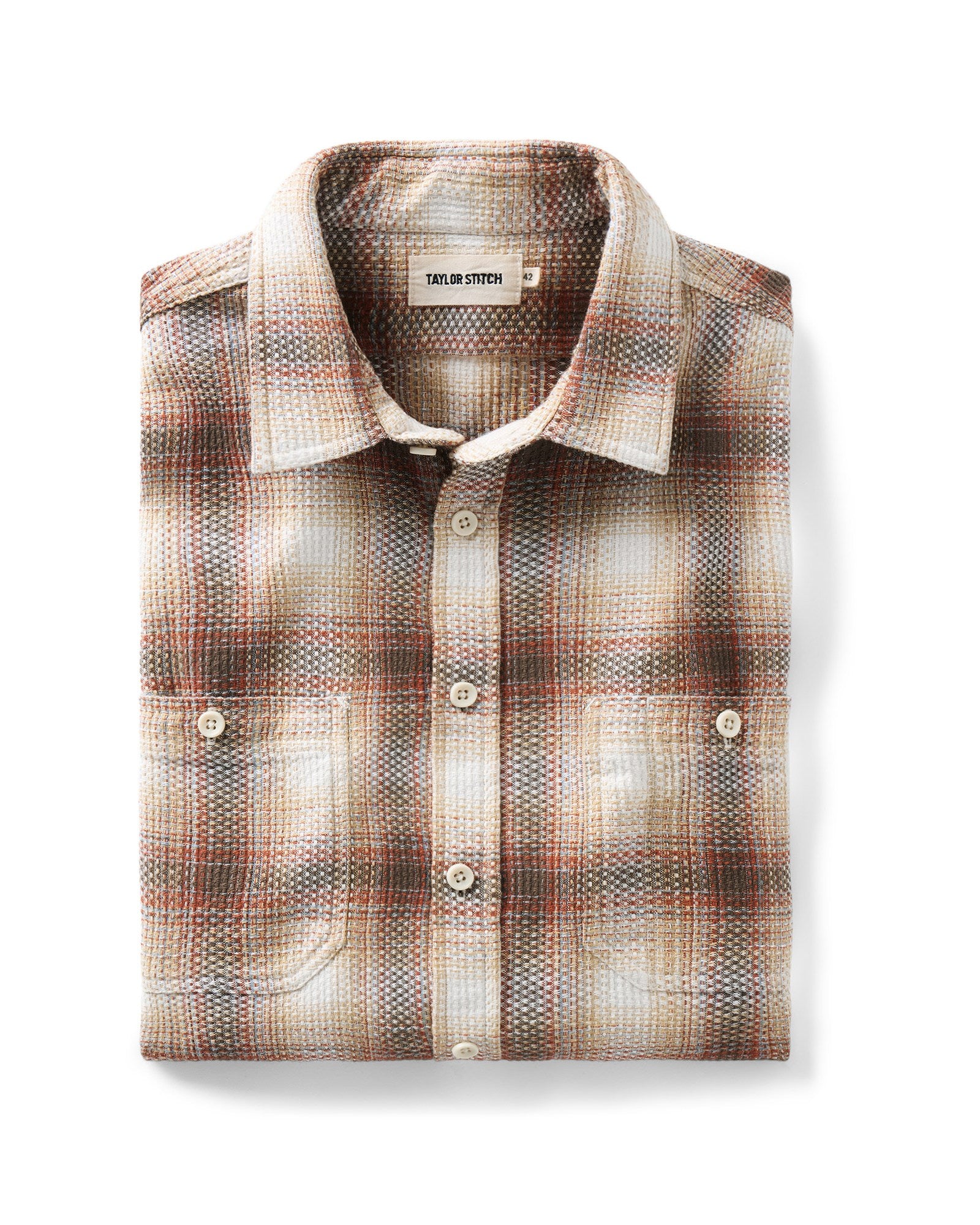 folded flatlay of The Utility Shirt in Seaside Check Sashiko, Wovens by Taylor Stitch