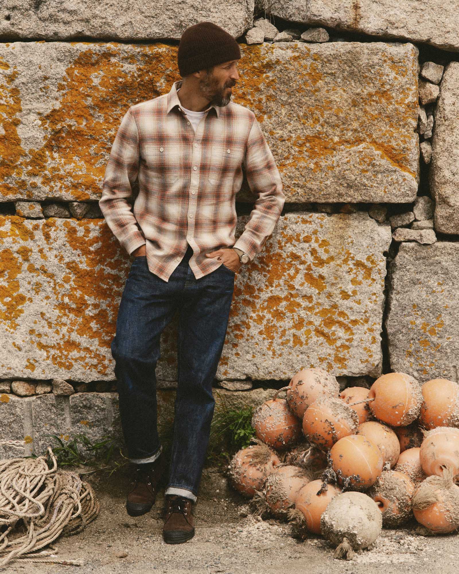 fit model posing in The Utility Shirt in Seaside Check Sashiko, Wovens by Taylor Stitch