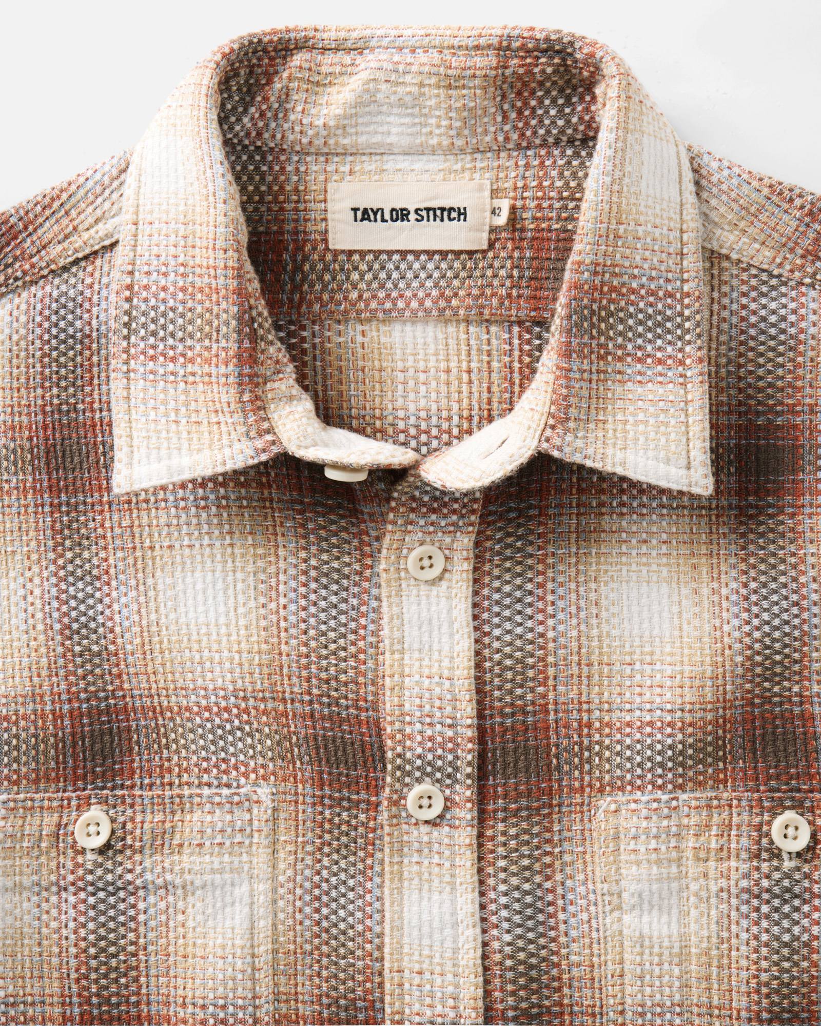 material shot of the collar on The Utility Shirt in Seaside Check Sashiko, Wovens by Taylor Stitch