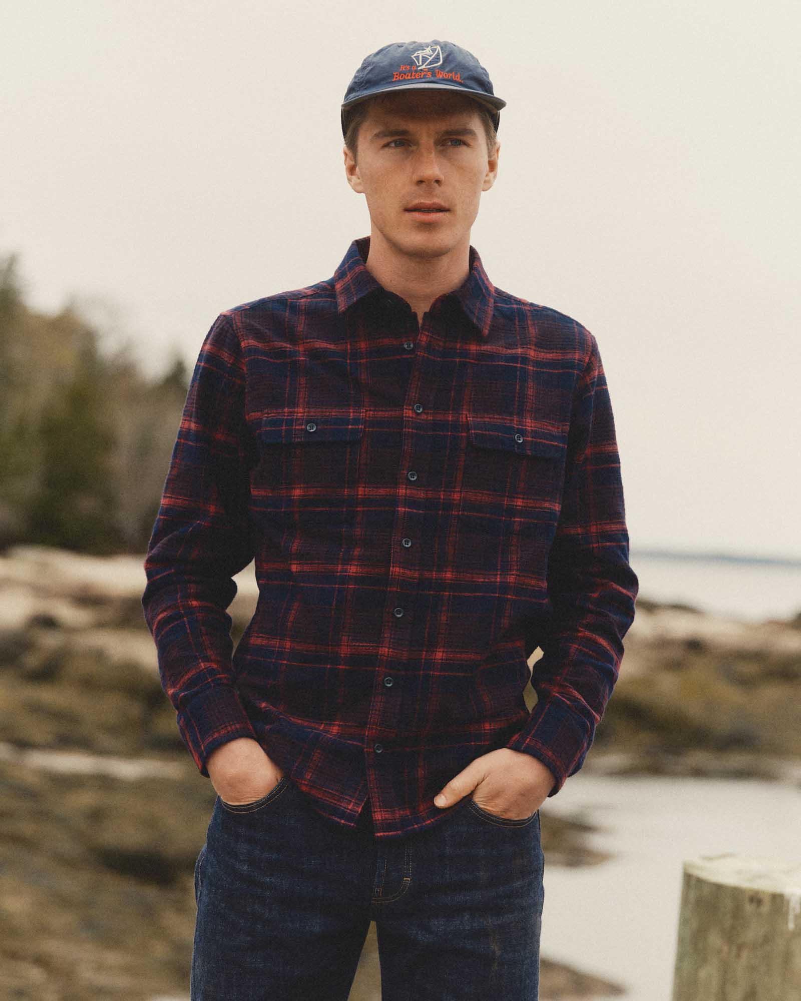 fit model posing in The Yosemite Shirt in Delaware Plaid, Wovens by Taylor Stitch