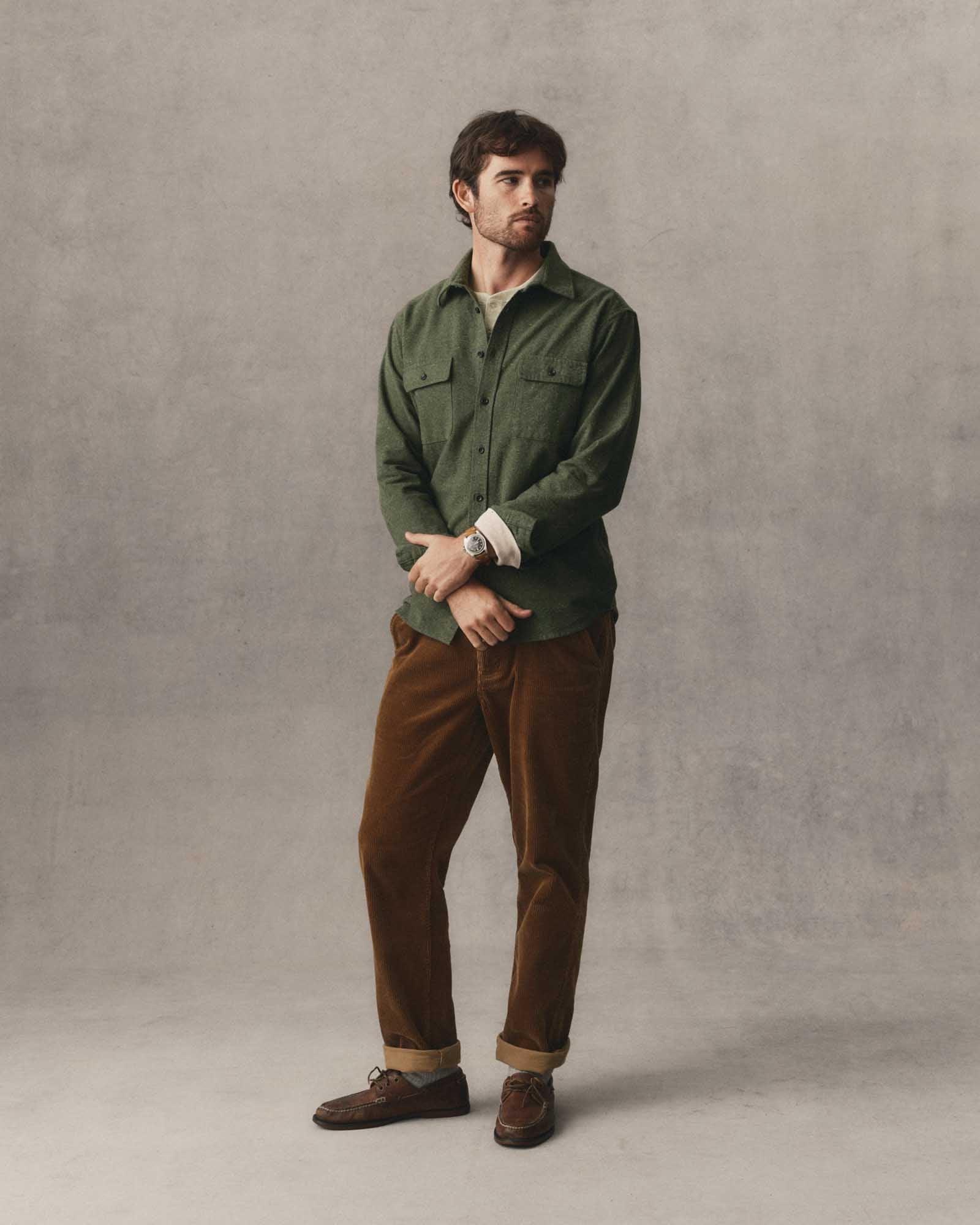 fit model showing off The Yosemite in Lichen Donegal, Wovens by Taylor Stitch