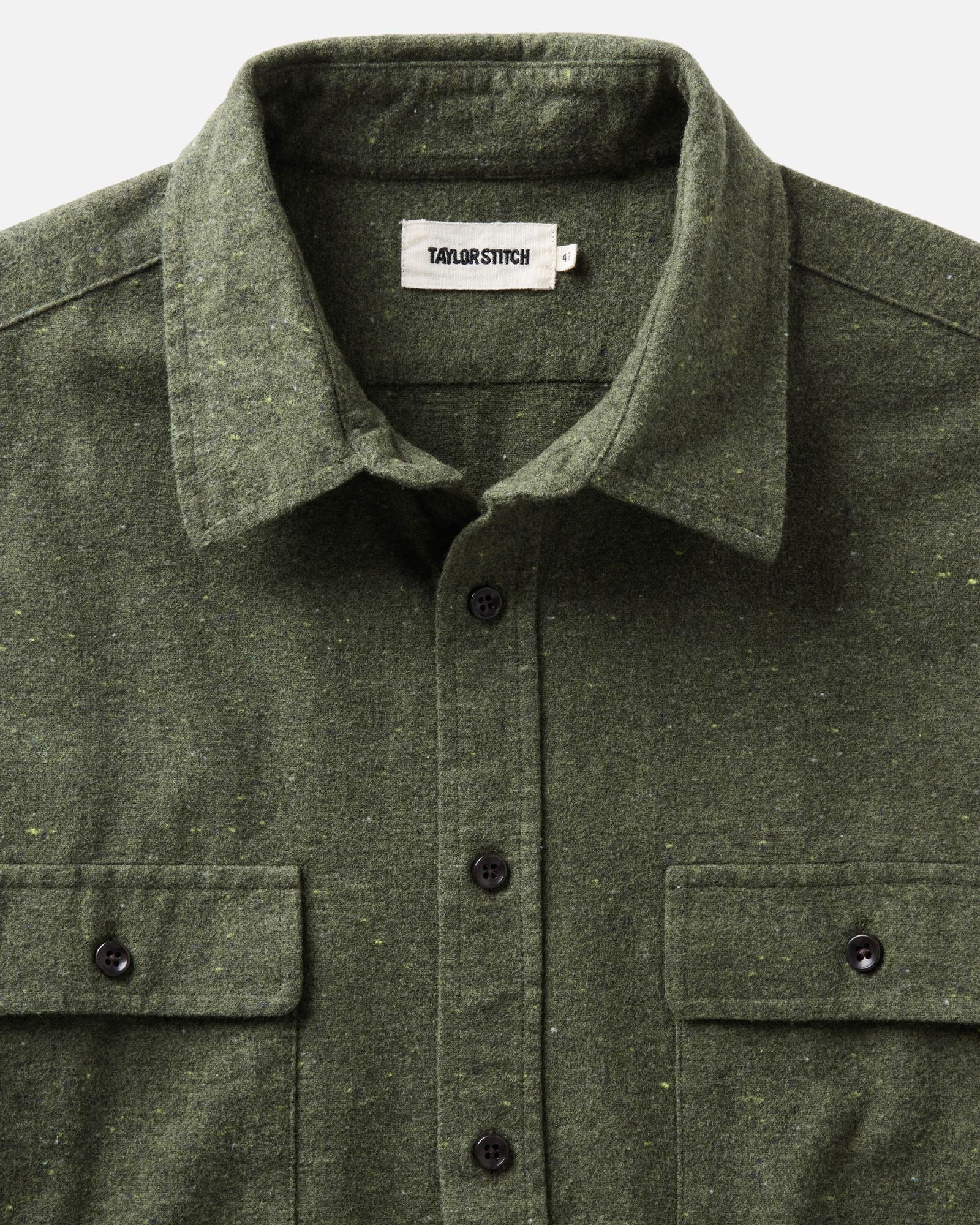 material shot of the collar on The Yosemite in Lichen Donegal, Wovens by Taylor Stitch