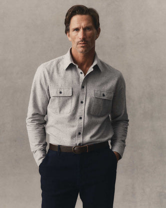 fit model posing in The Yosemite Shirt in Mist Donegal