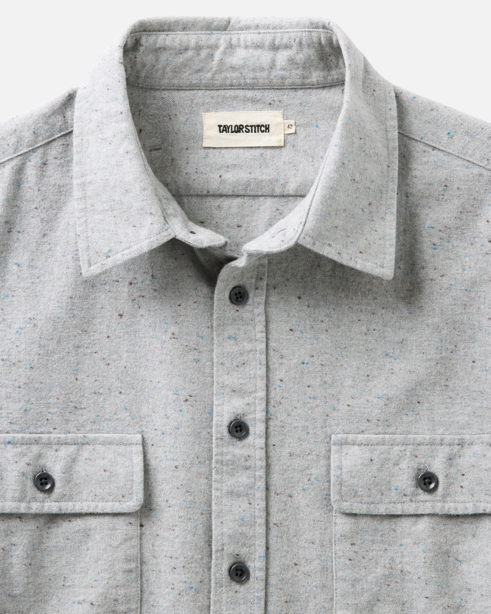 material shot of the collar on The Yosemite Shirt in Mist Donegal, Wovens by Taylor Stitch