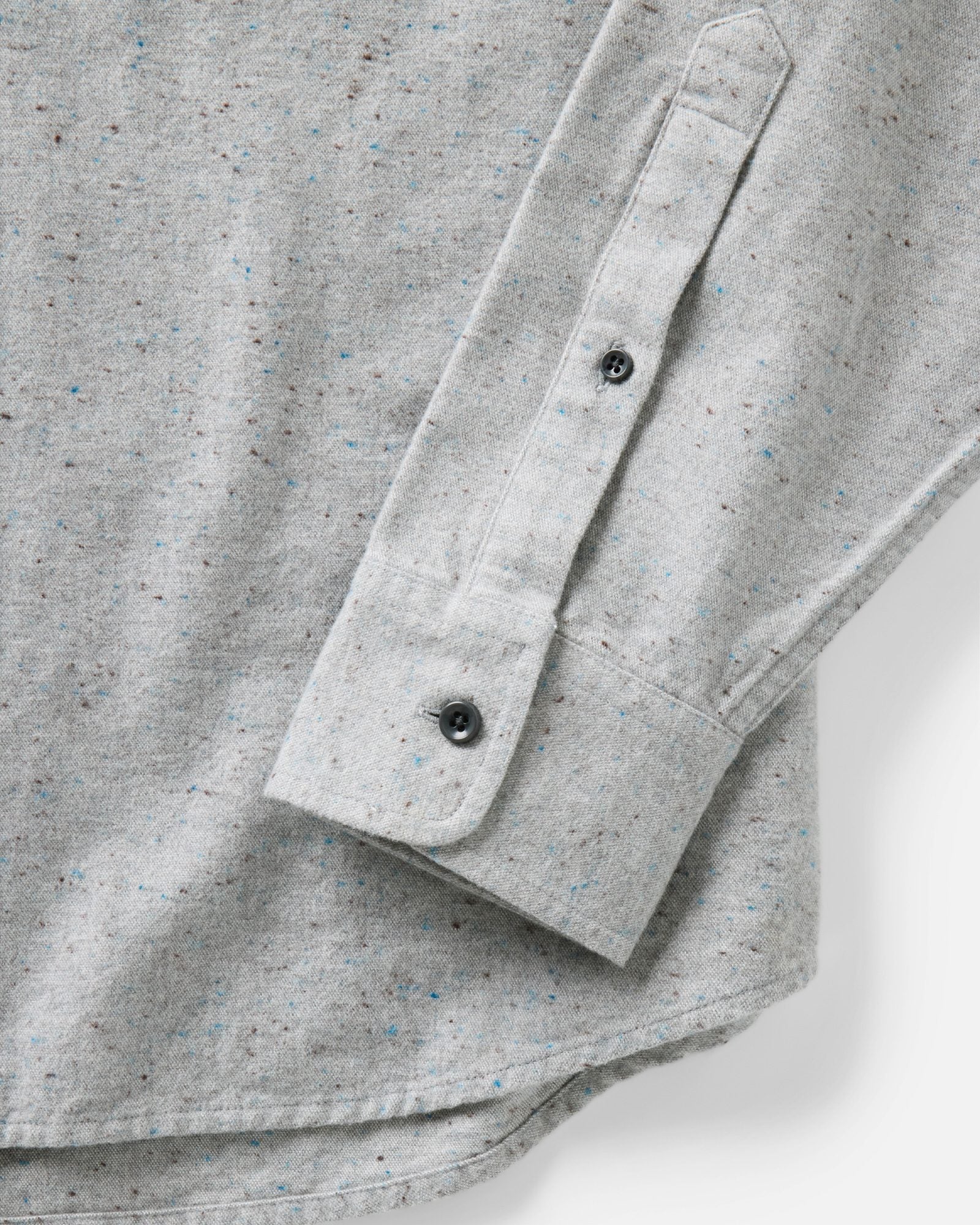 material shot of the sleeve on The Yosemite Shirt in Mist Donegal, Wovens by Taylor Stitch