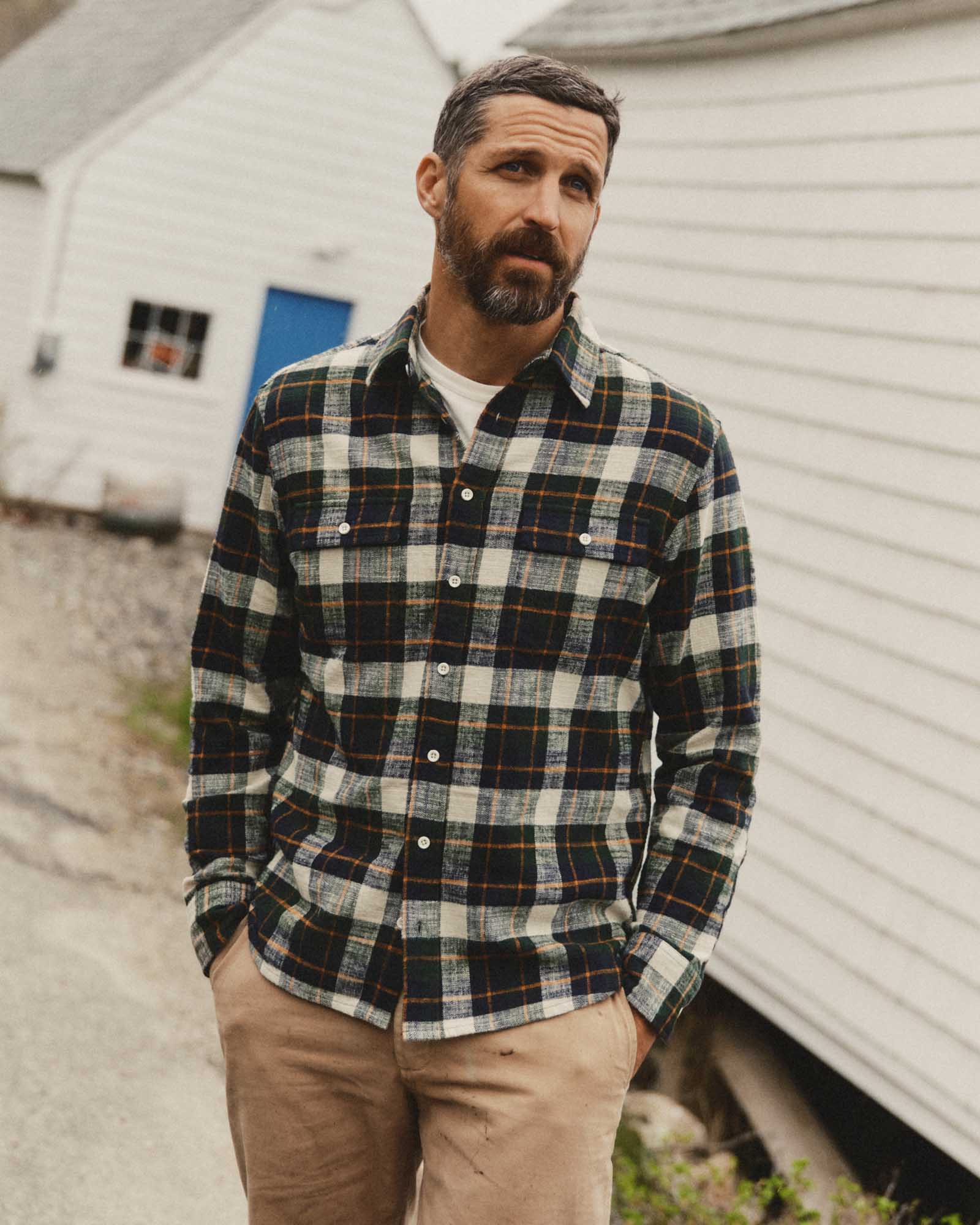 fit model posing in The Yosemite Shirt in Washington Plaid, Wovens by Taylor Stitch
