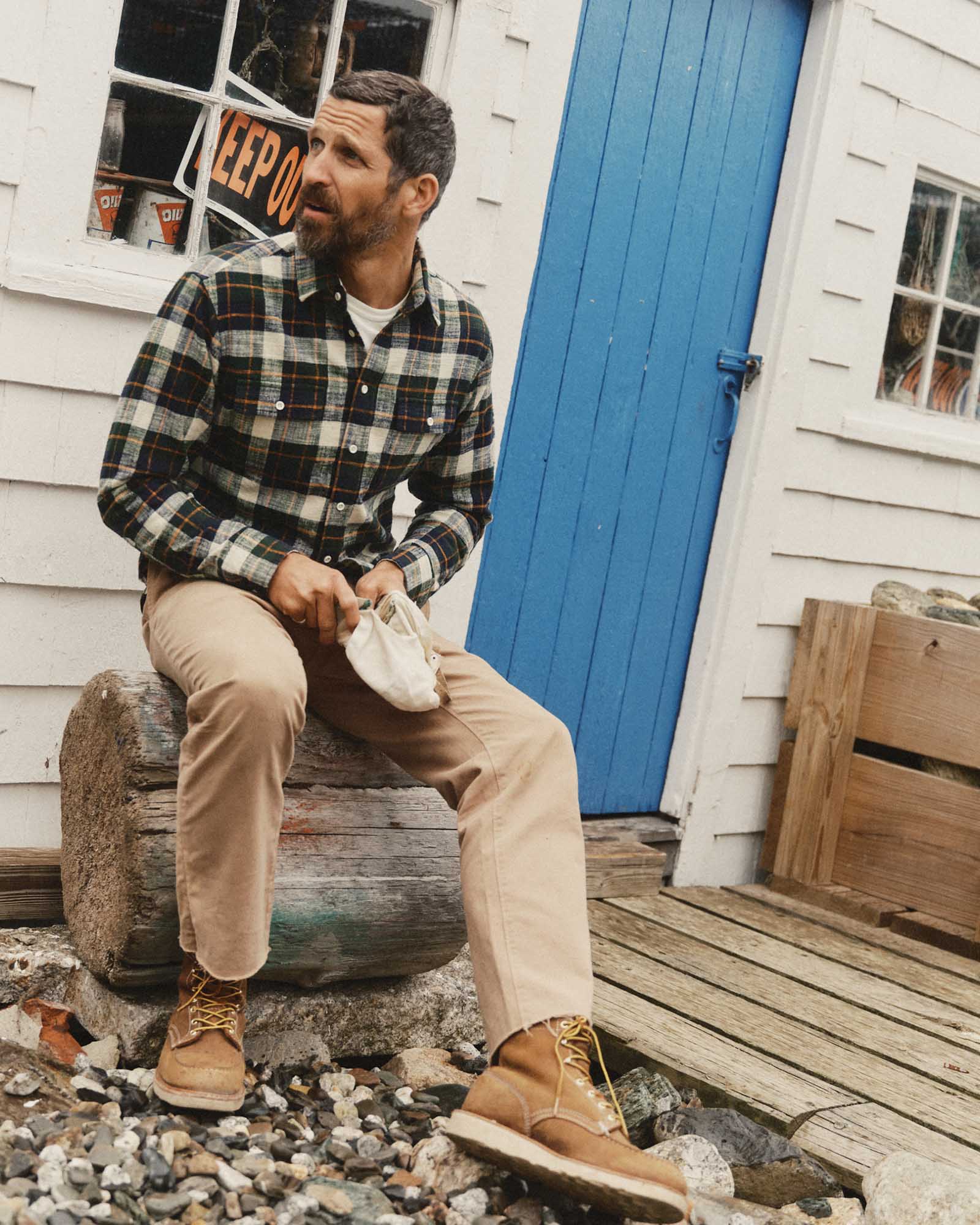 fit model sitting wearing The Yosemite Shirt in Washington Plaid, Wovens by Taylor Stitch