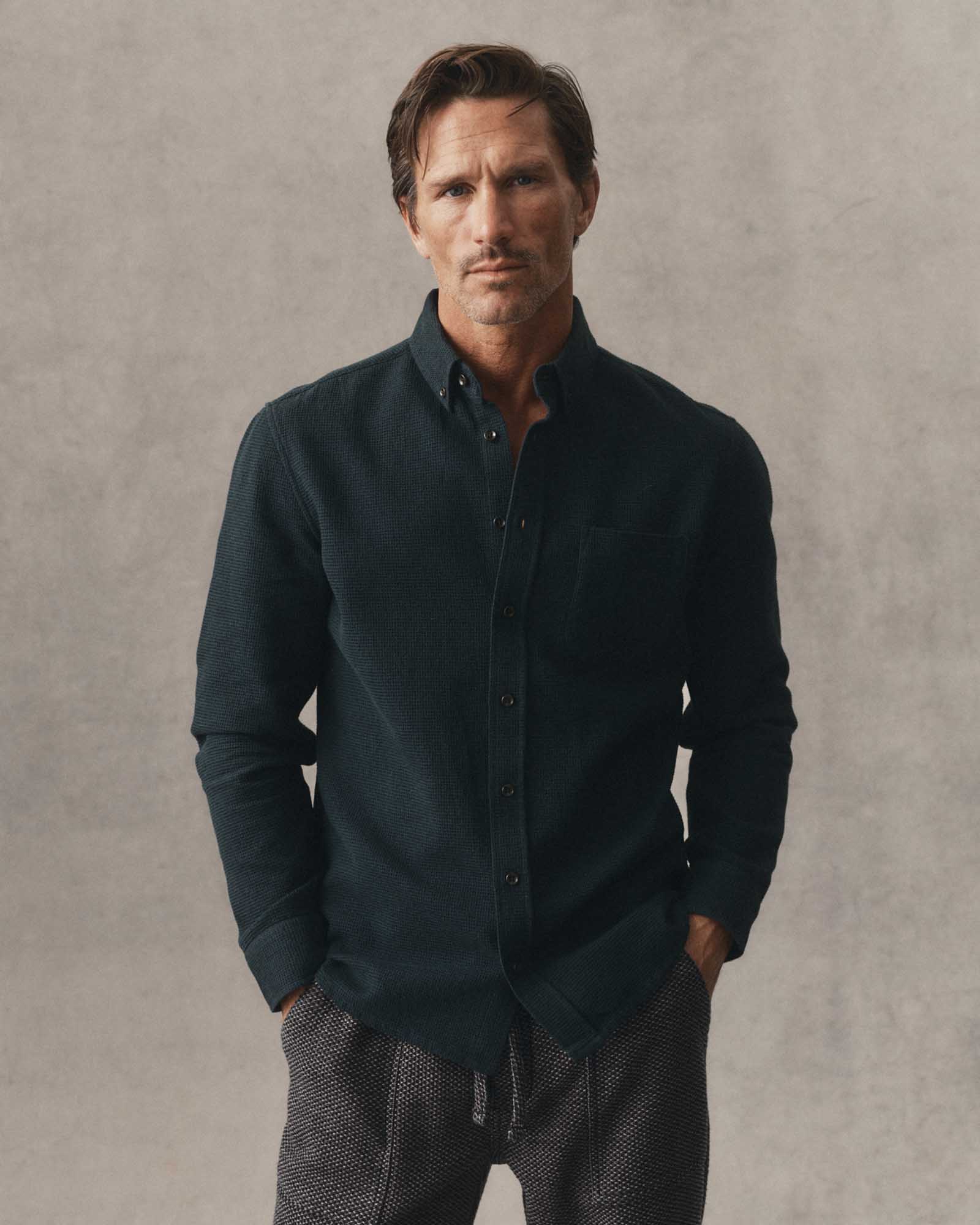 fit model in The Jack in Forest Waffle, Wovens by Taylor Stitch
