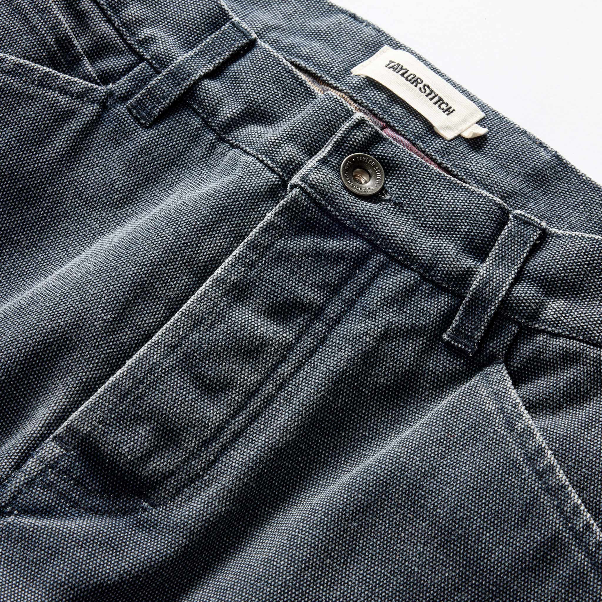 material shot of the button fly on The Lined Chore Pant in Navy Chipped Canvas, closed, Bottoms by Taylor Stitch