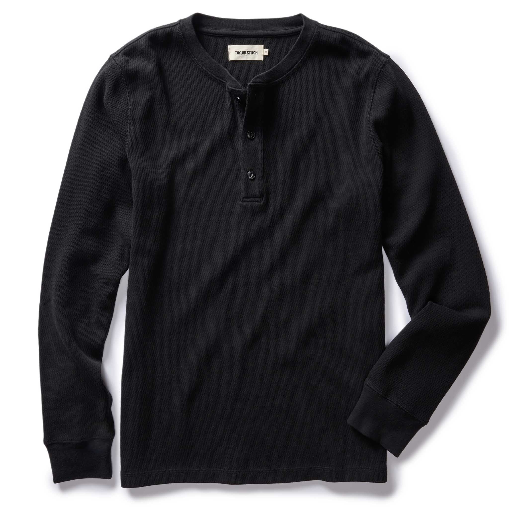 flatlay of The Organic Cotton Waffle Henley in Coal, Knits by Taylor Stitch