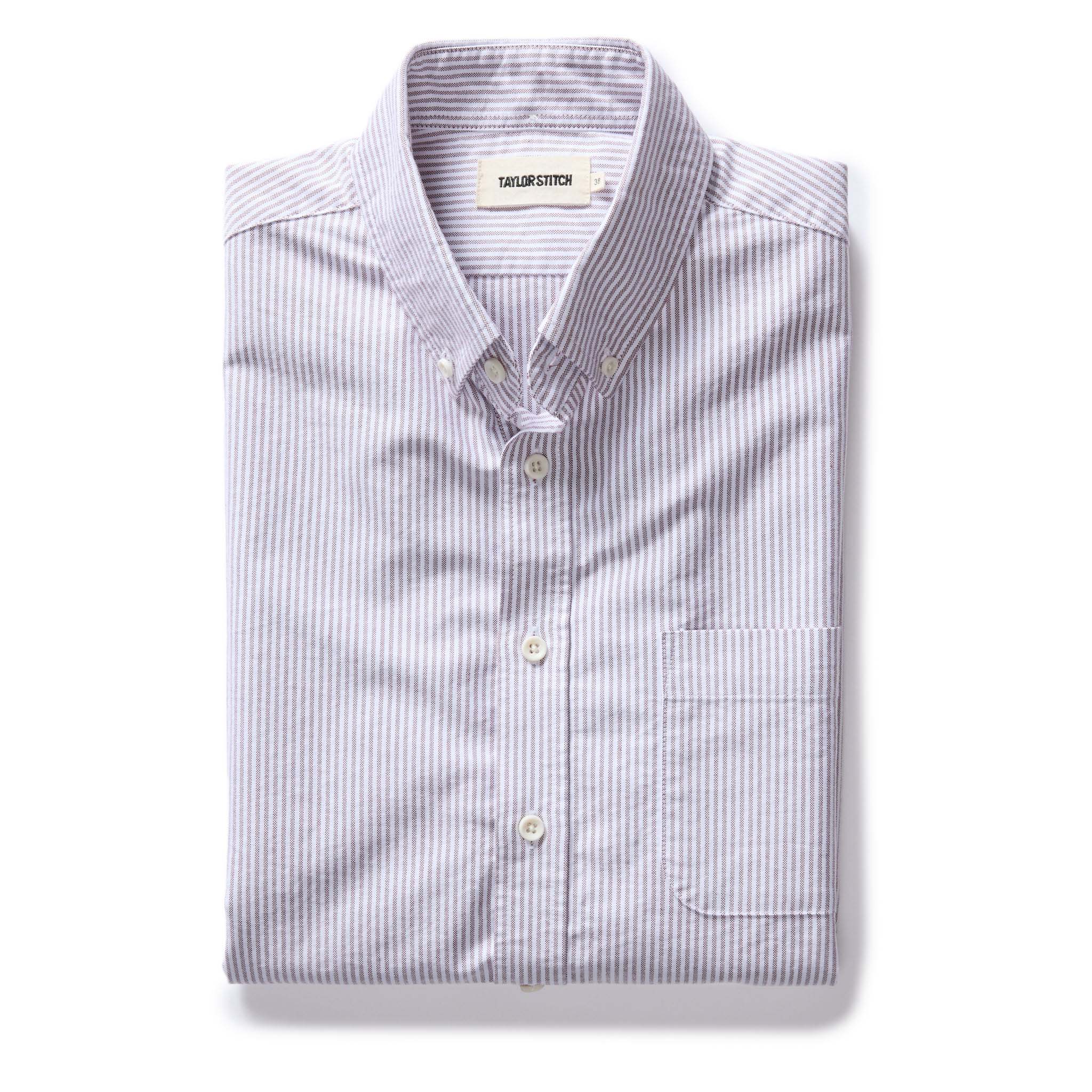 flatlay of The Jack in Burgundy University Stripe Oxford, Wovens by Taylor Stitch