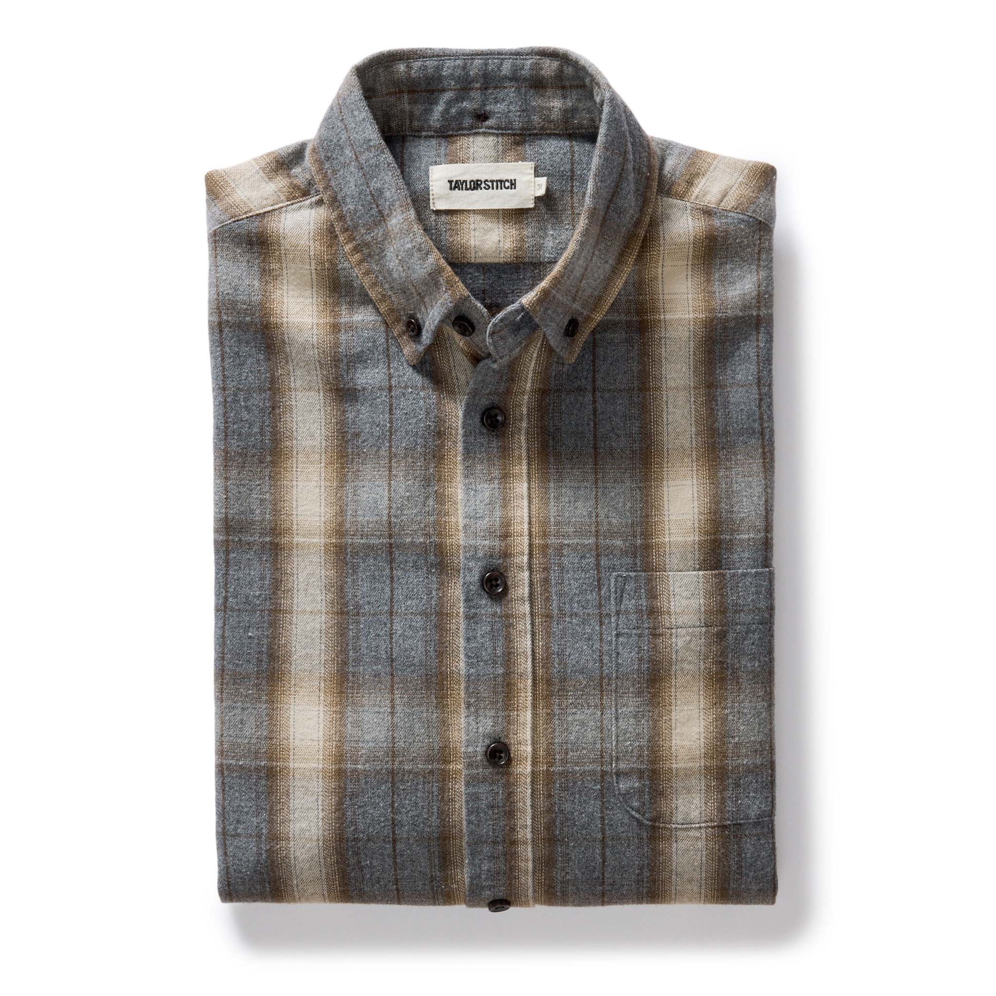 folded flatlay of The Jack in Brushed Heather Grey Plaid, Wovens by Taylor Stitch