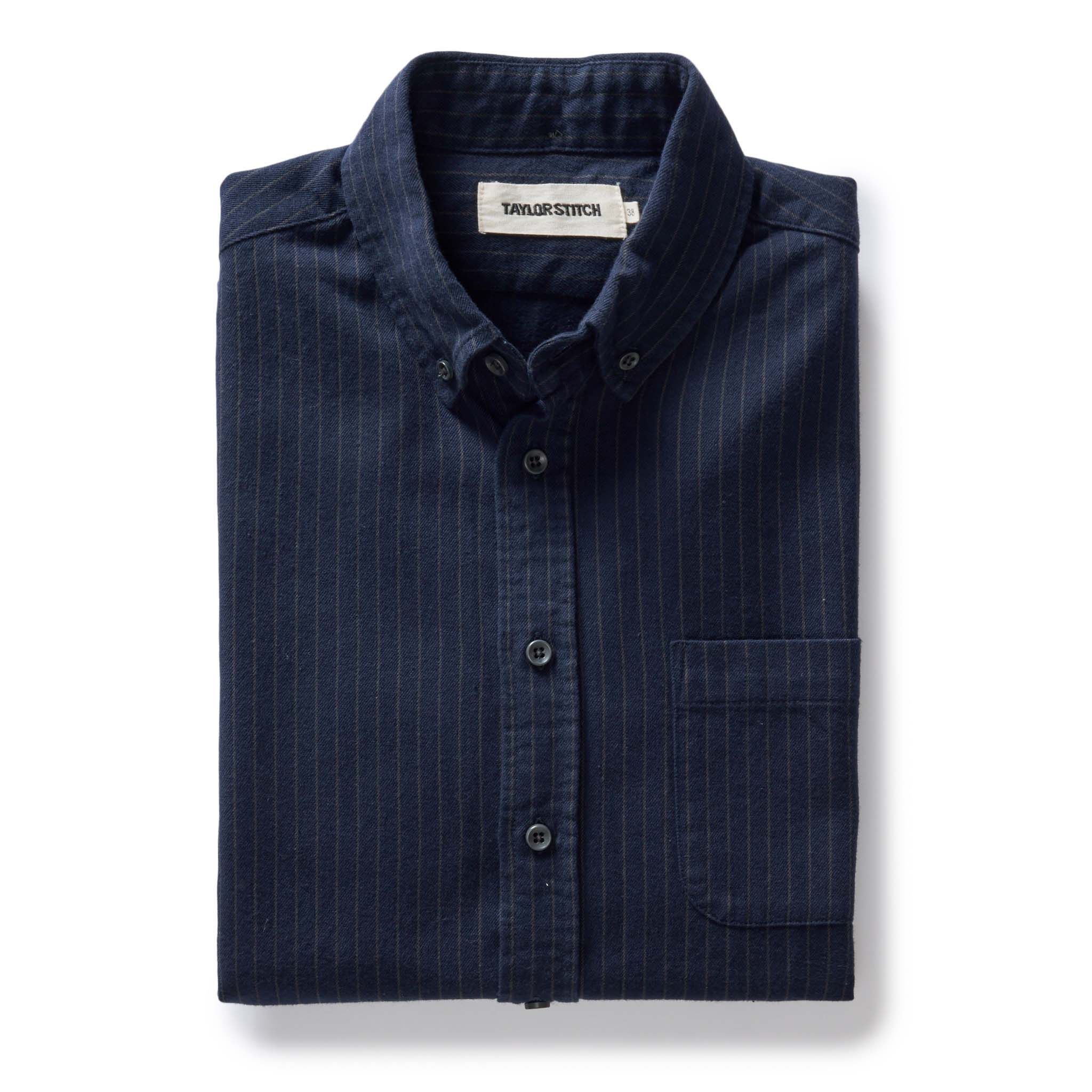 folded flatlay of The Jack in Brushed Heather Navy Stripe, Wovens by Taylor Stitch