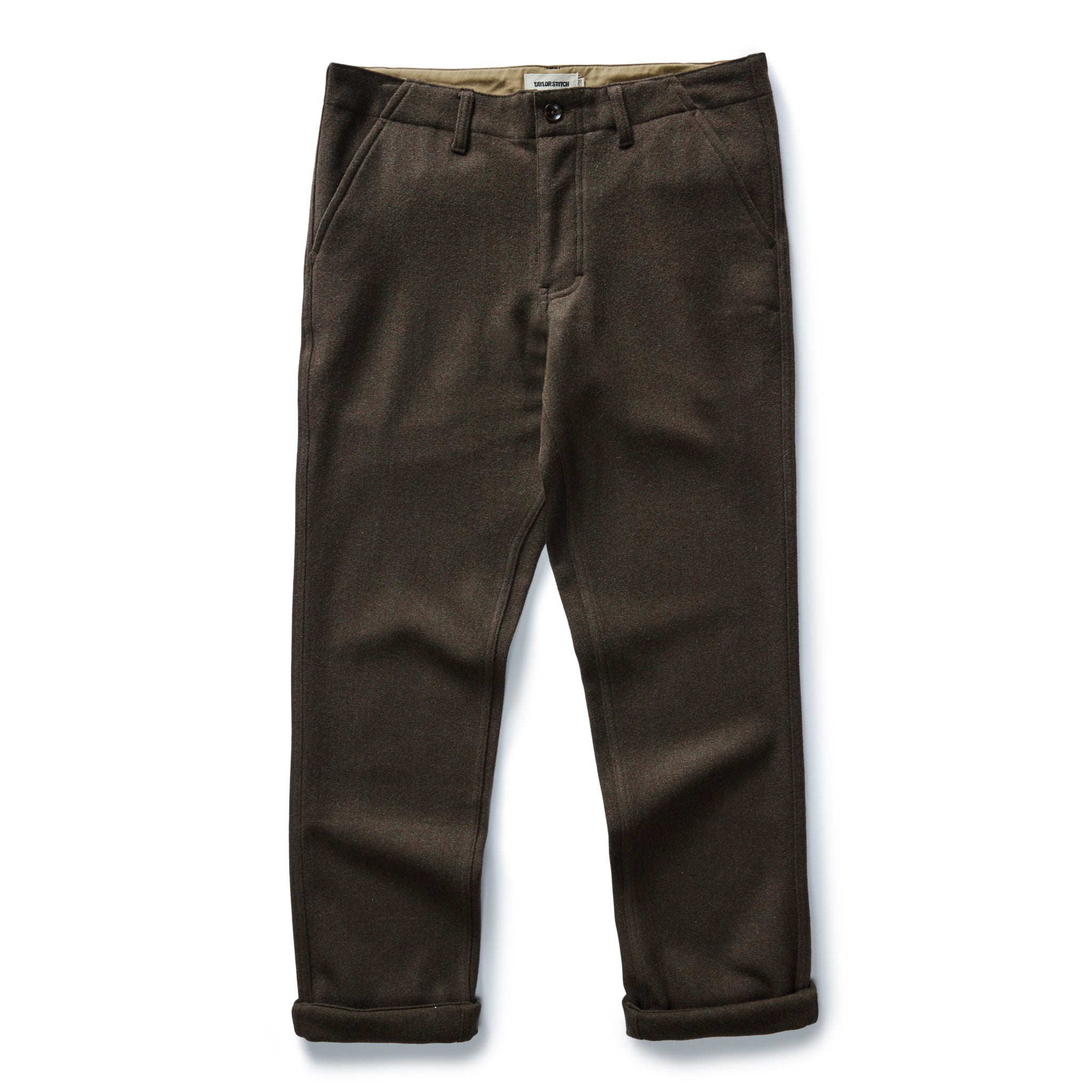 flatlay of The Carnegie Pant in Army Herringbone Wool, Bottoms by Taylor Stitch