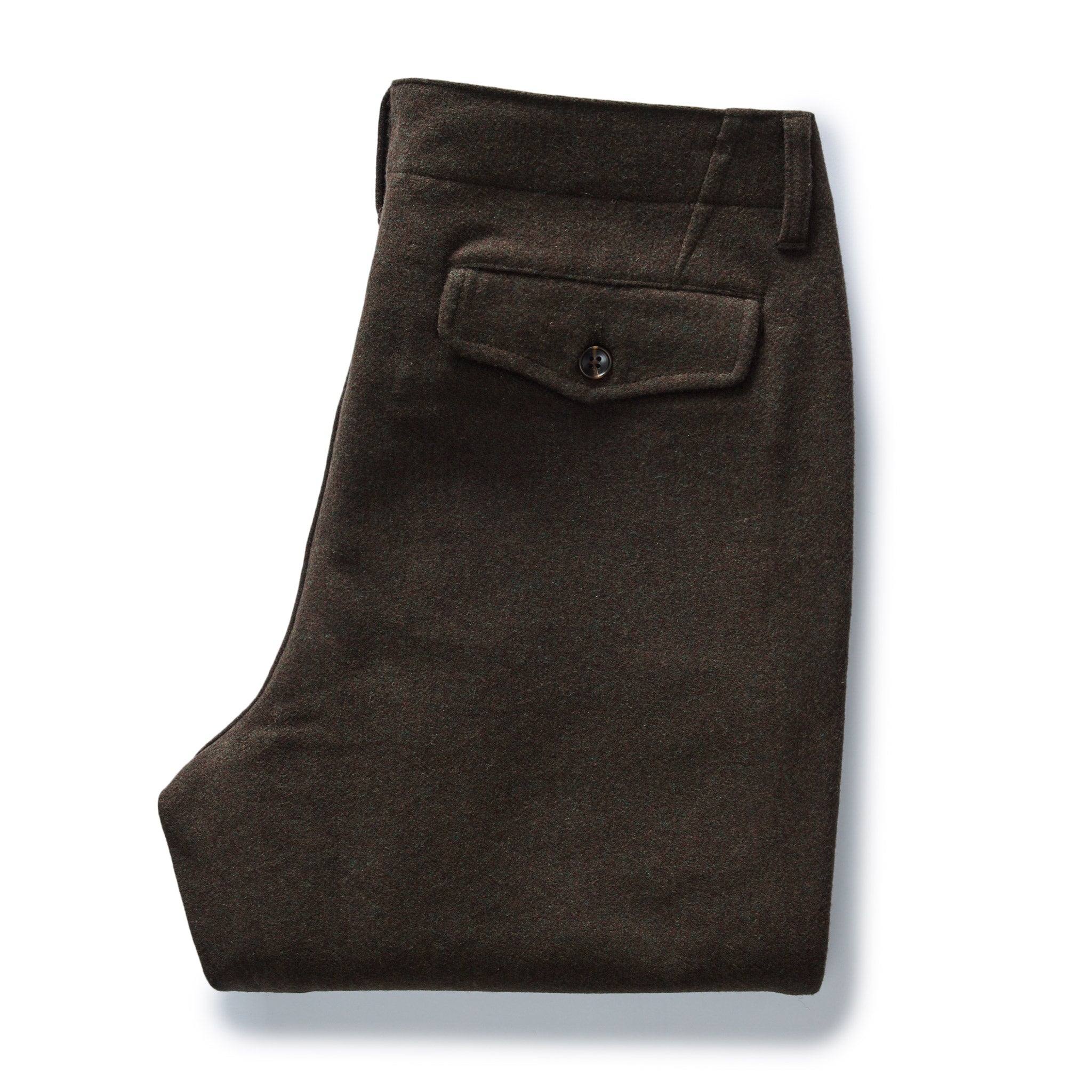 folded flatlay of the back of The Carnegie Pant in Army Herringbone Wool, Bottoms by Taylor Stitch