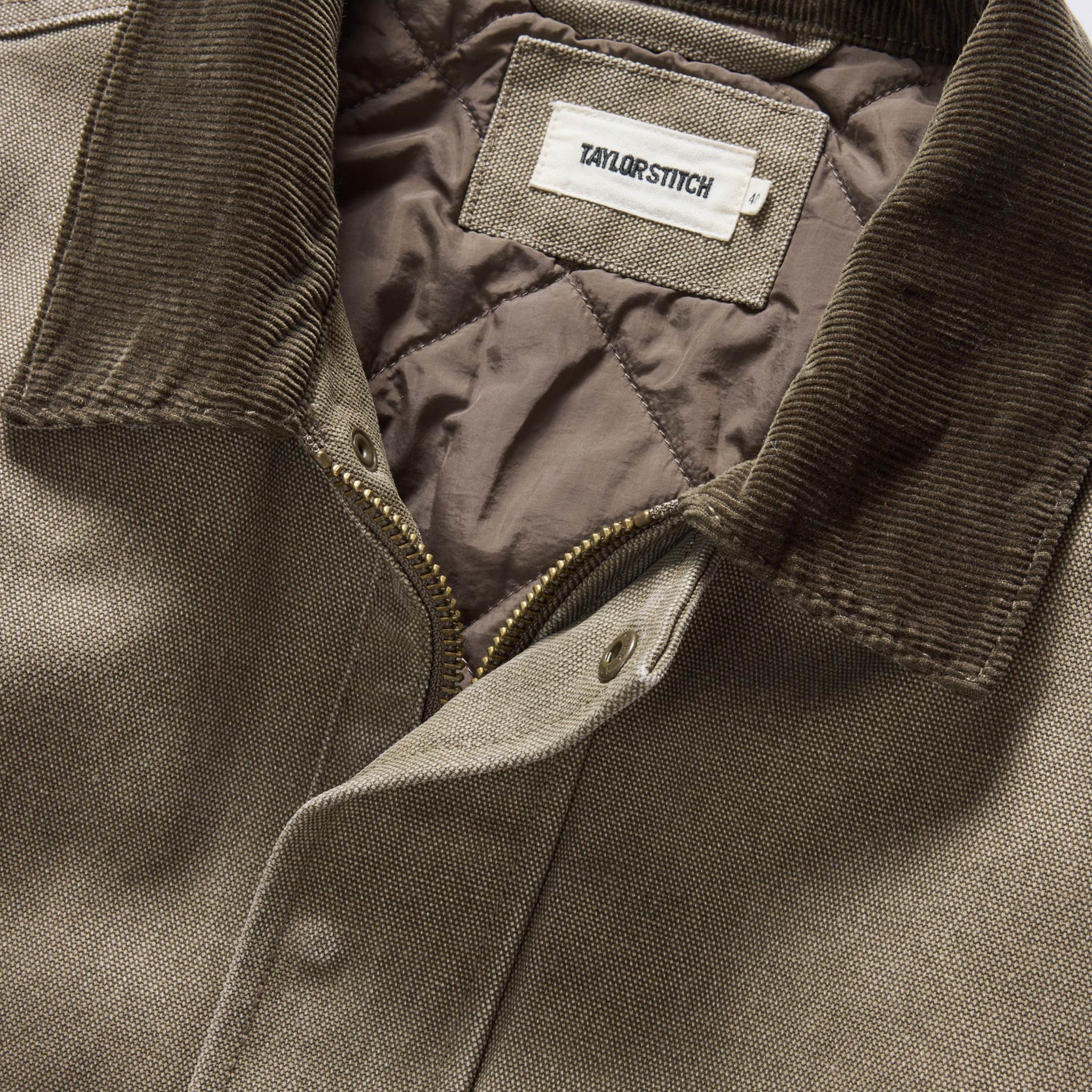 material shot of the collar on The Workhorse Jacket in Stone Chipped Canvas, Outerwear by Taylor Stitch