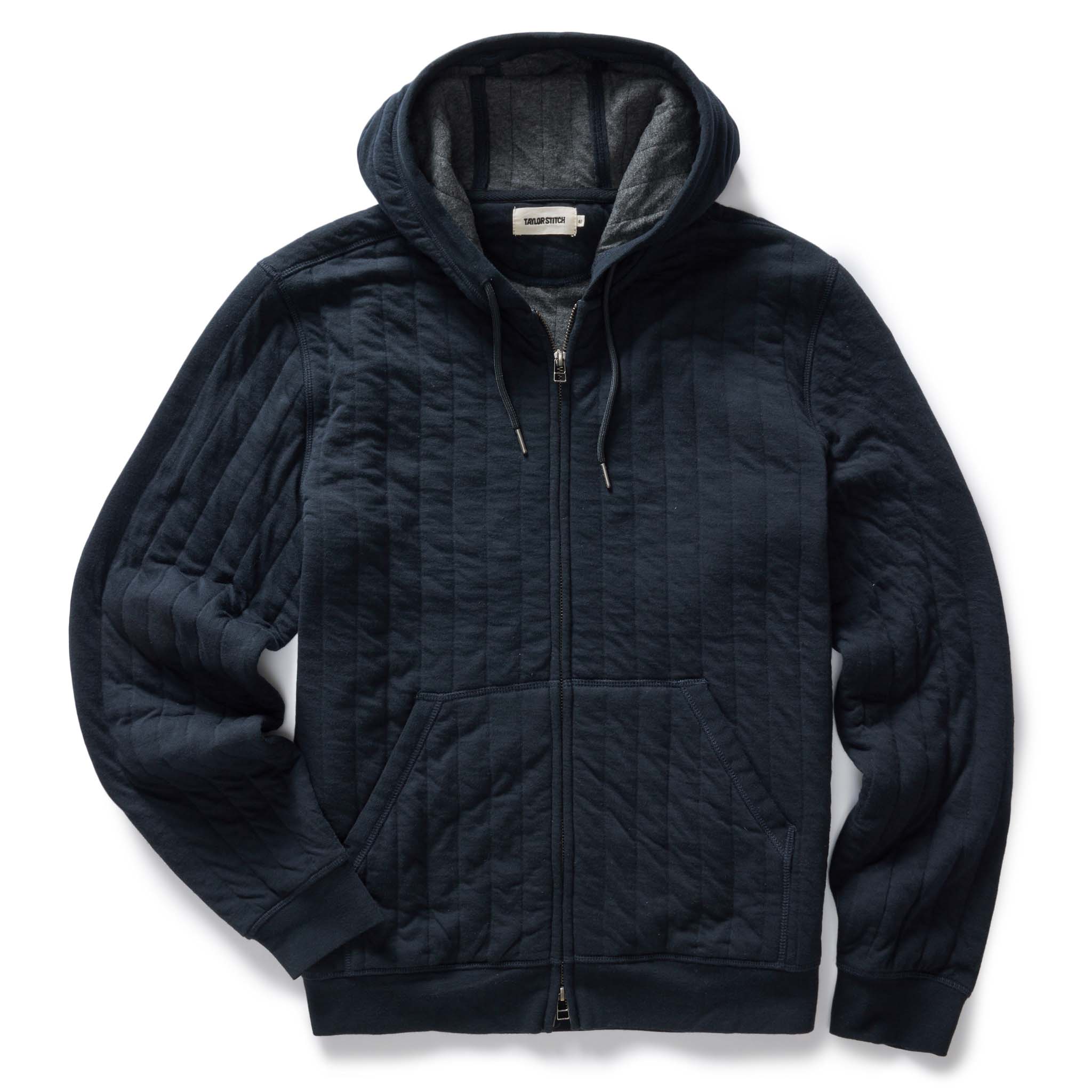 flatlay of The Apres Zip Hoodie in Heather Midnight Quilt, Knits by Taylor Stitch