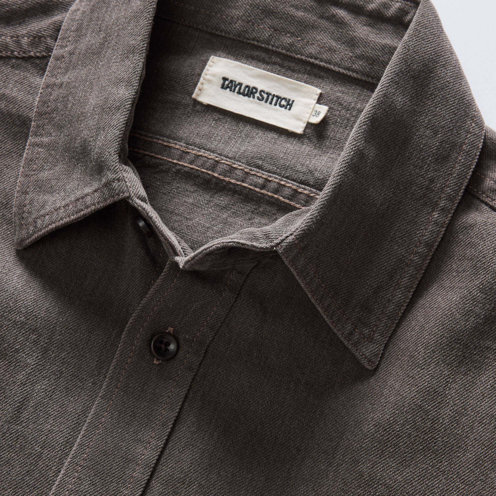 material shot of the collar on The Utility Shirt in Soil Selvedge Denim, Wovens by Taylor Stitch