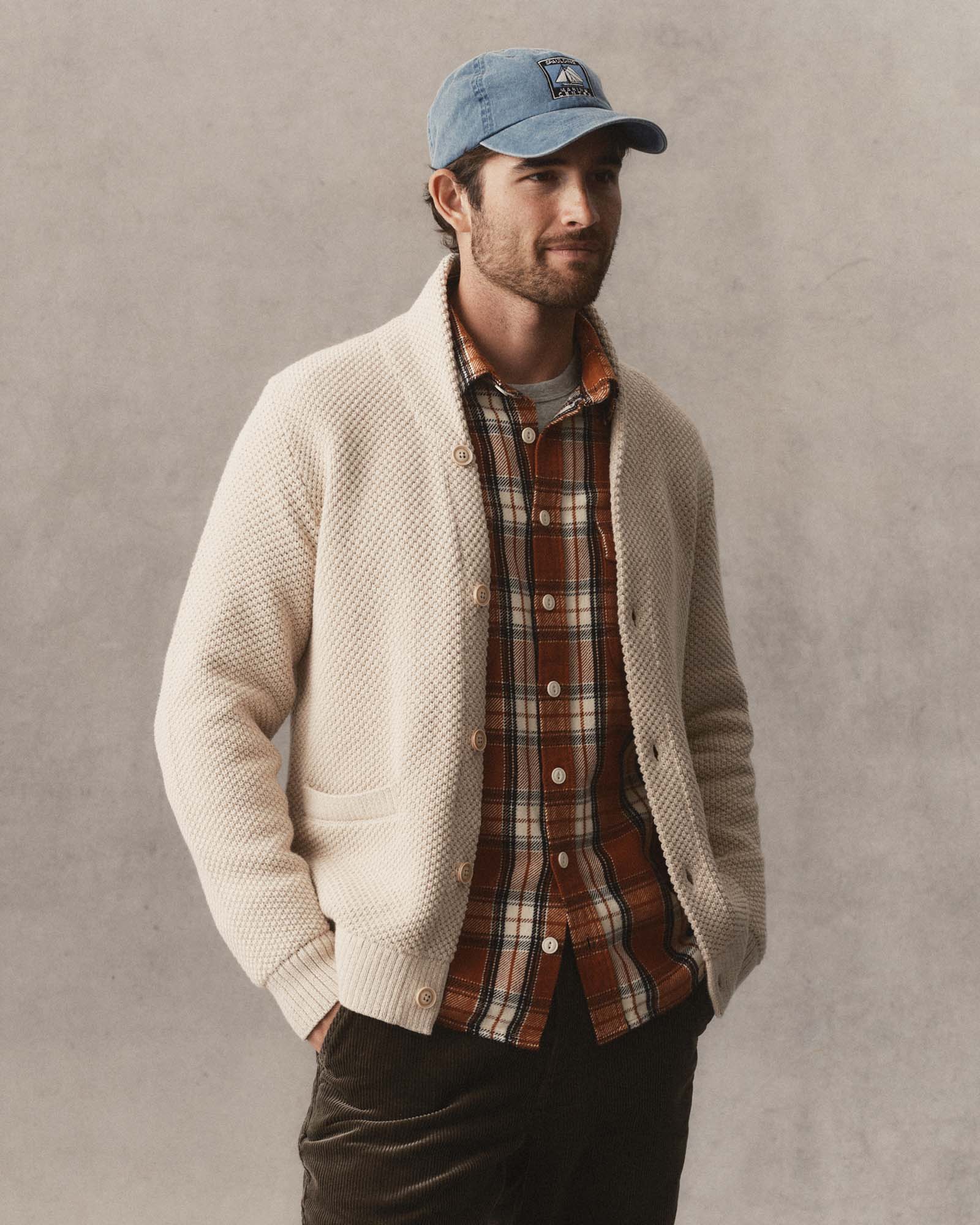 fit model wearing The Crawford Cardigan Sweater in Marled Natural, Knits by Taylor Stitch
