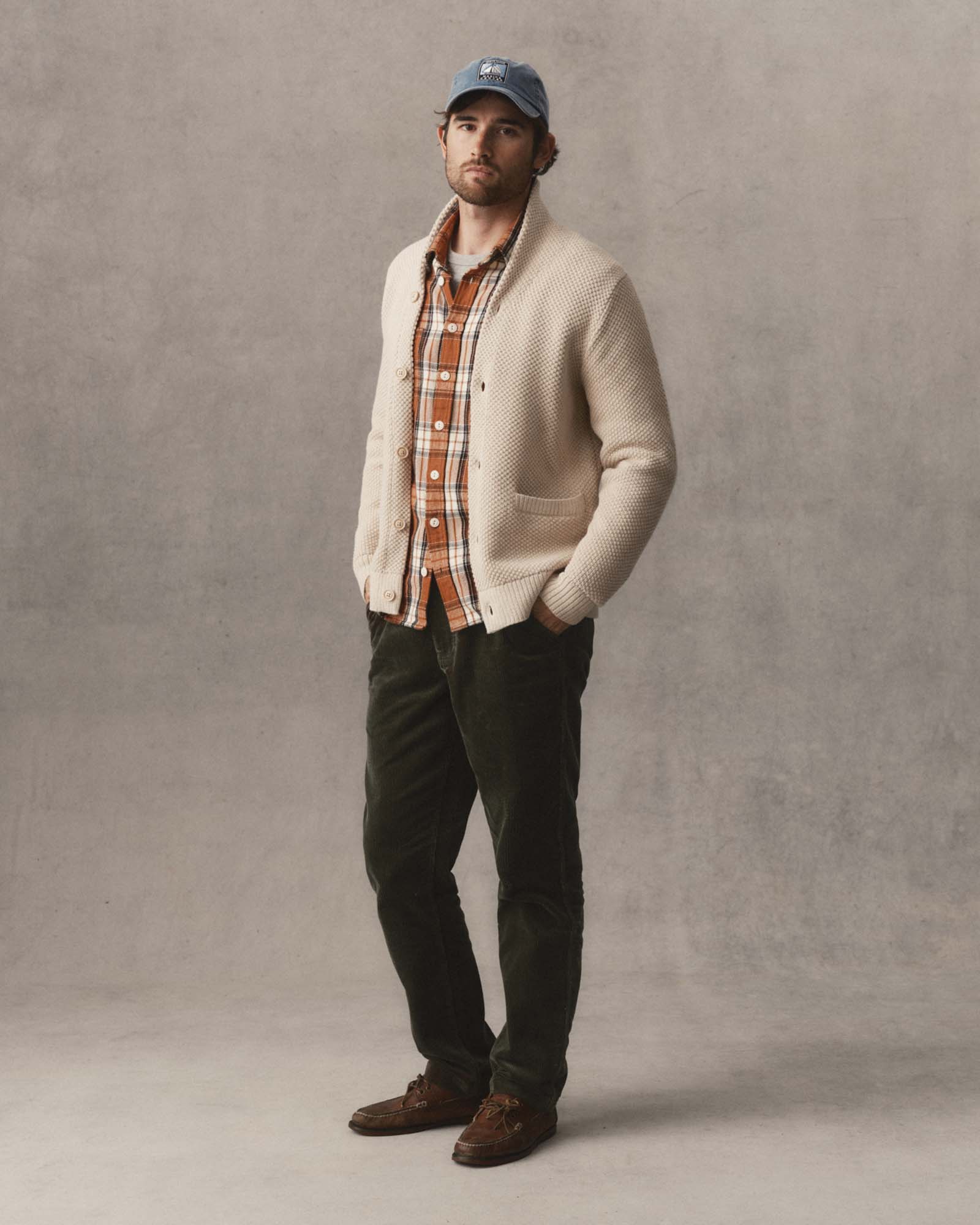 fit model showing the seed stitch on The Crawford Sweater in Marled Natural, Knits by Taylor Stitch
