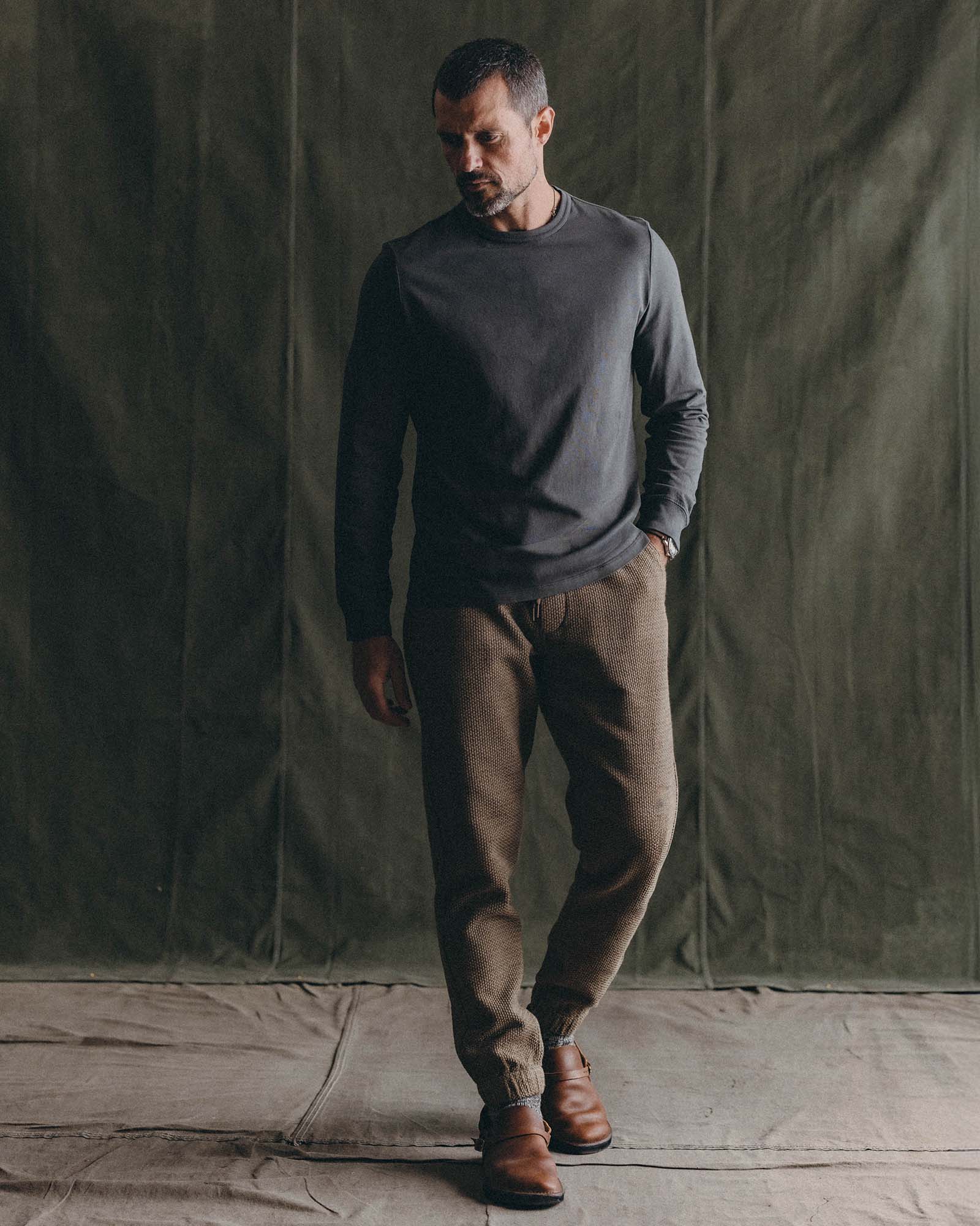 fit model walking wearing The Apres Pant in Cypress Sashiko, Bottoms by Taylor Stitch