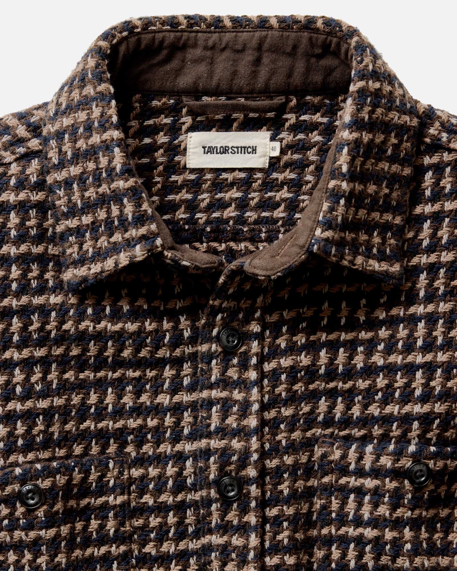 material shot of the collar on The Cutter Overshirt in Timber Plaid, Wovens by Taylor Stitch