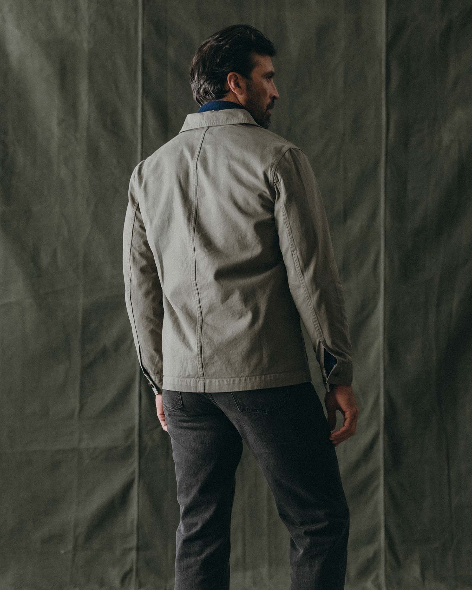fit model buttoning up The Ojai Jacket in Organic Smoked Olive Foundation Twill, Outerwear by Taylor Stitch