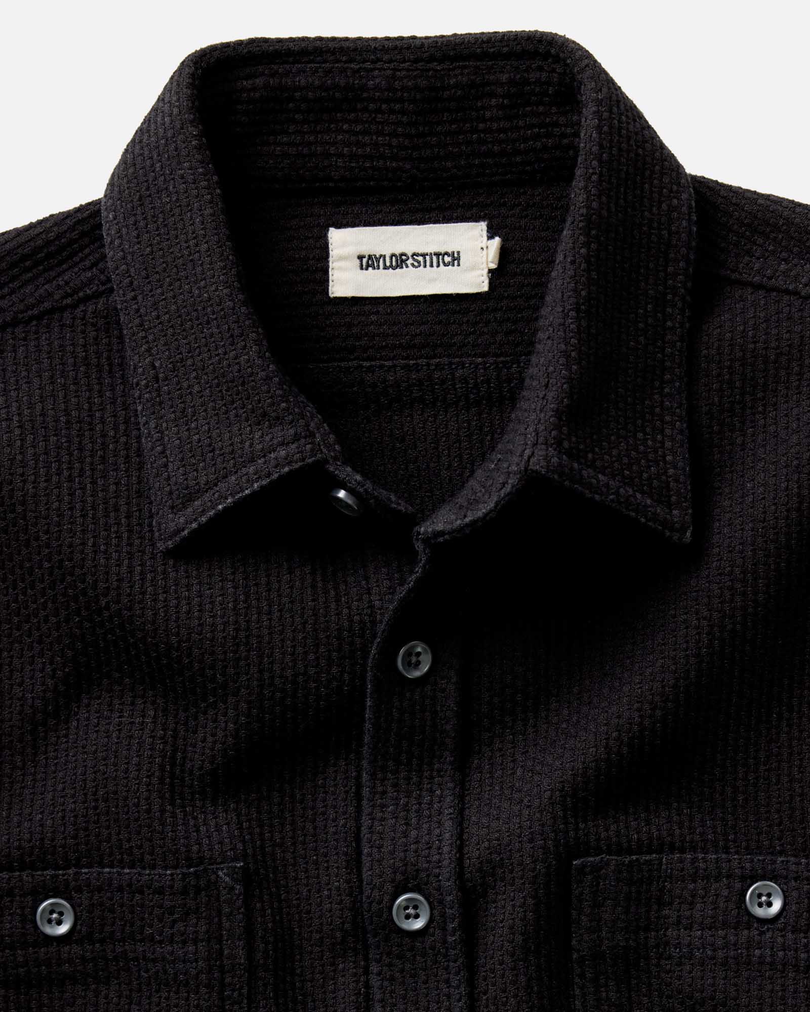 material shot of the collar on The Utility Shirt in Black Indigo Sashiko, Wovens by Taylor Stitch
