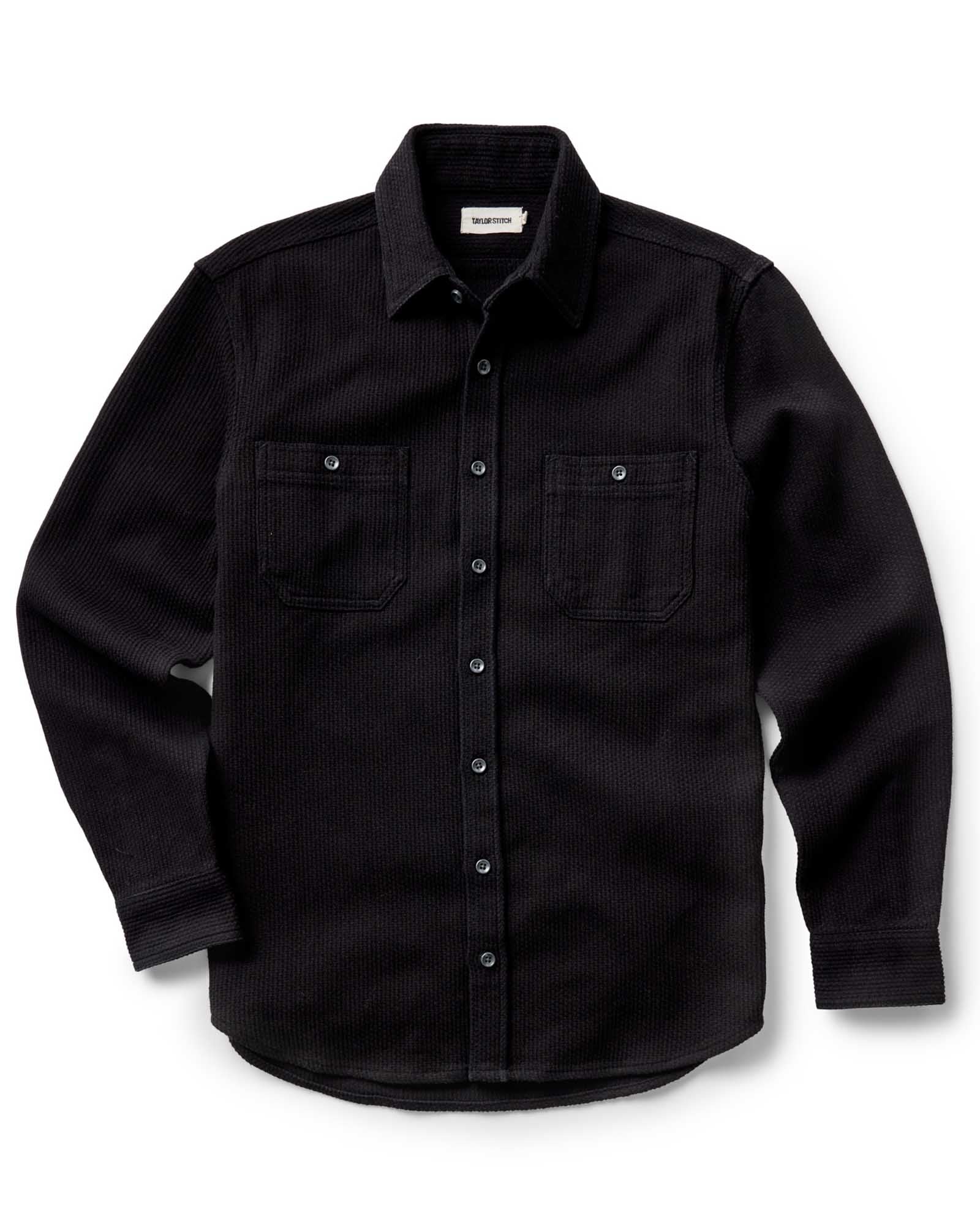 flatlay of The Utility Shirt in Black Indigo Sashiko, Wovens by Taylor Stitch