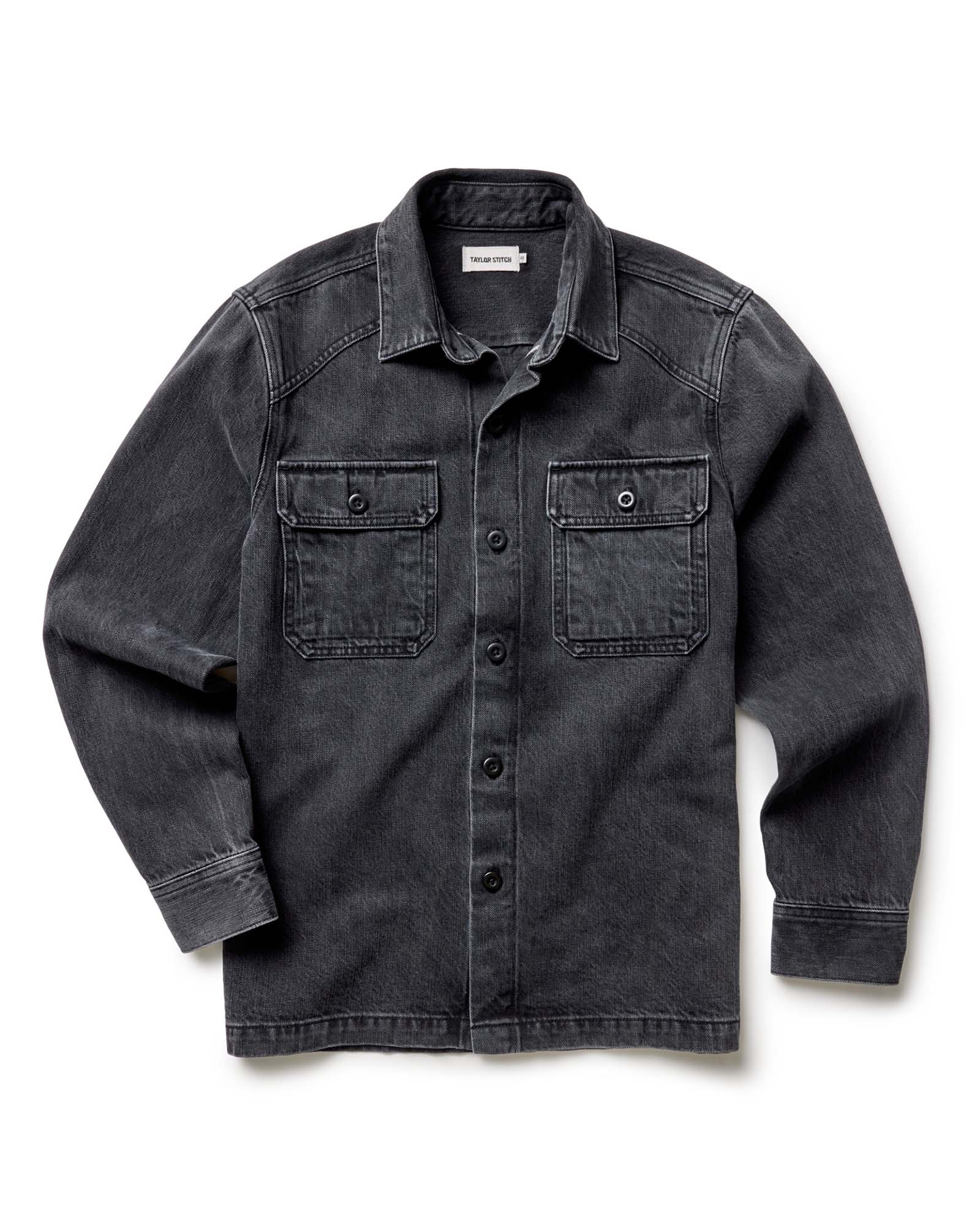 flatlay of The Shop Shirt in Washed Black Organic Slub Selvedge, Wovens by Taylor Stitch