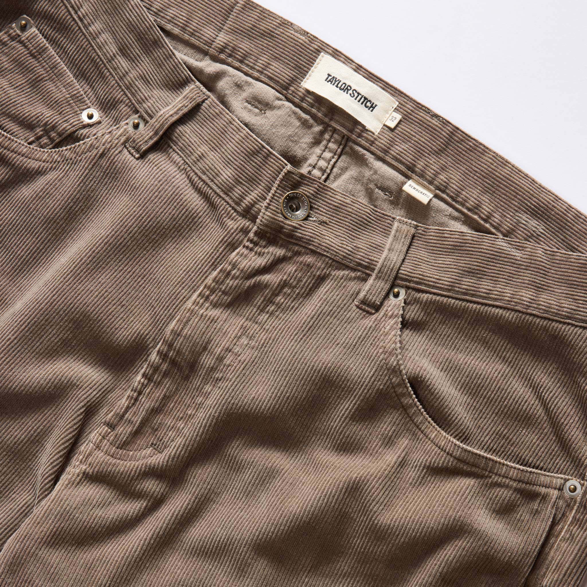 material shot of button fly on The Democratic All Day Pant in Morel Cord, Bottoms by Taylor Stitch