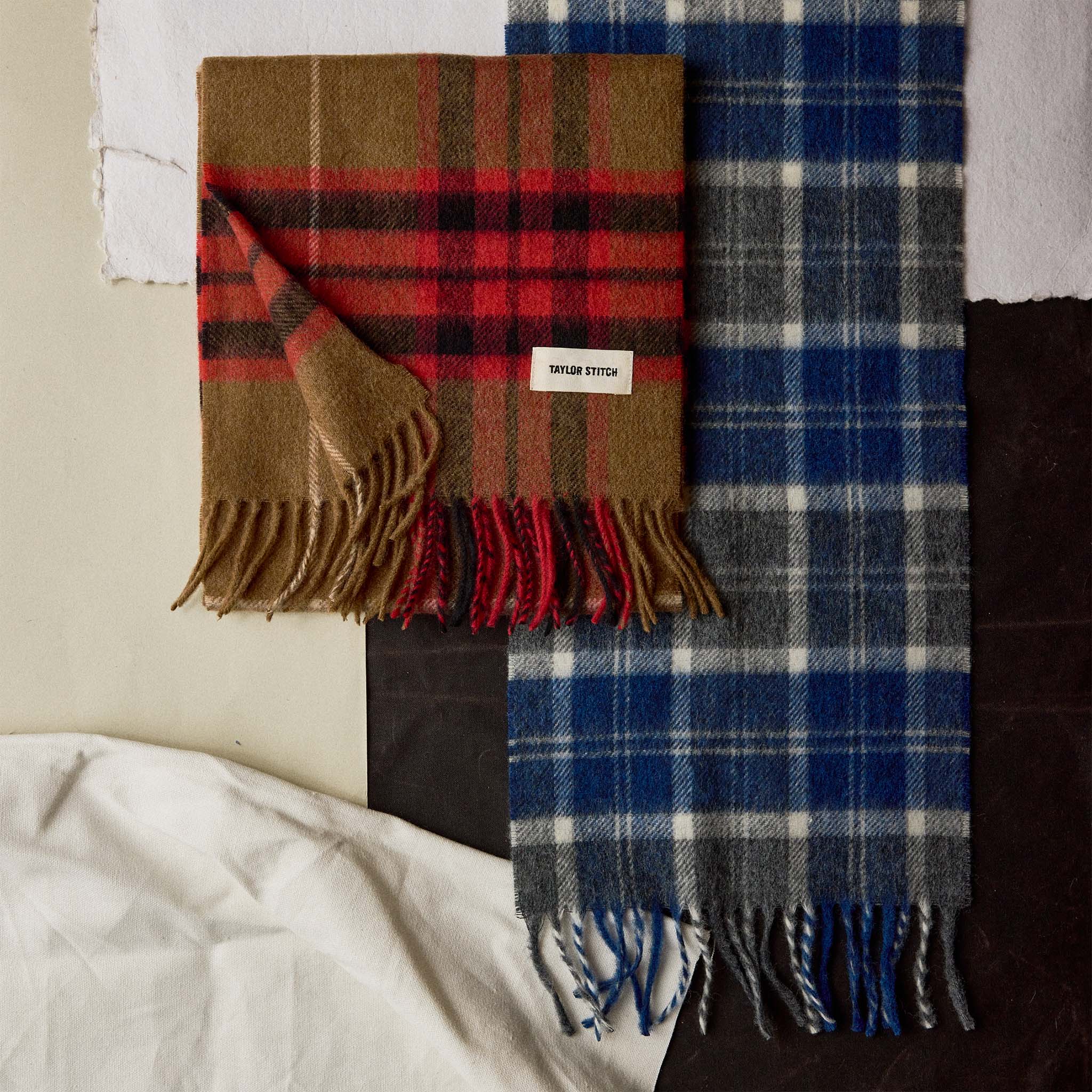 material shot of The Fireside Scarf in Blue Check Merino, Accessories by Taylor Stitch